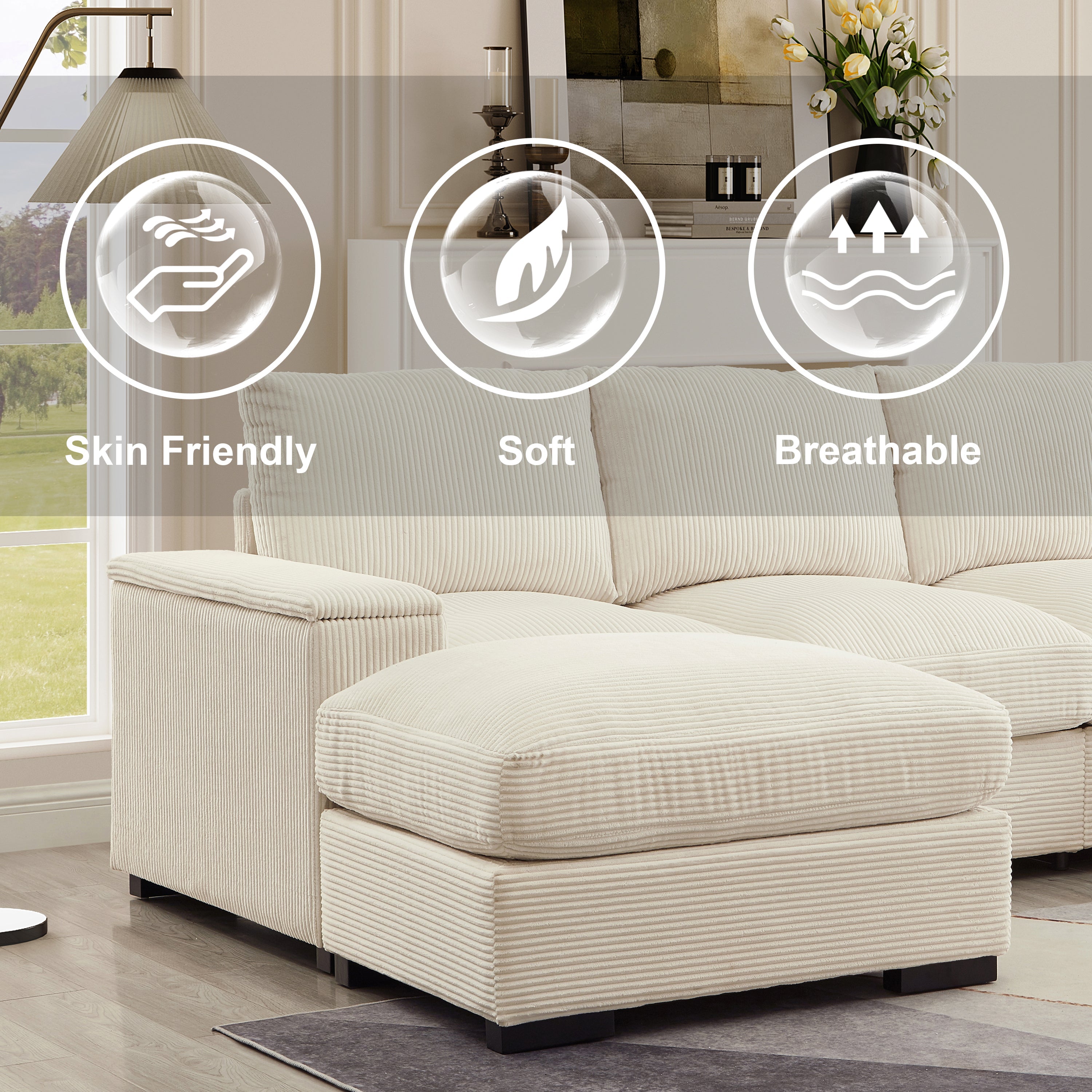 Sectional Sofa L-Shaped Modern Corduroy Beige 122-inch Sleeper with Ottomans