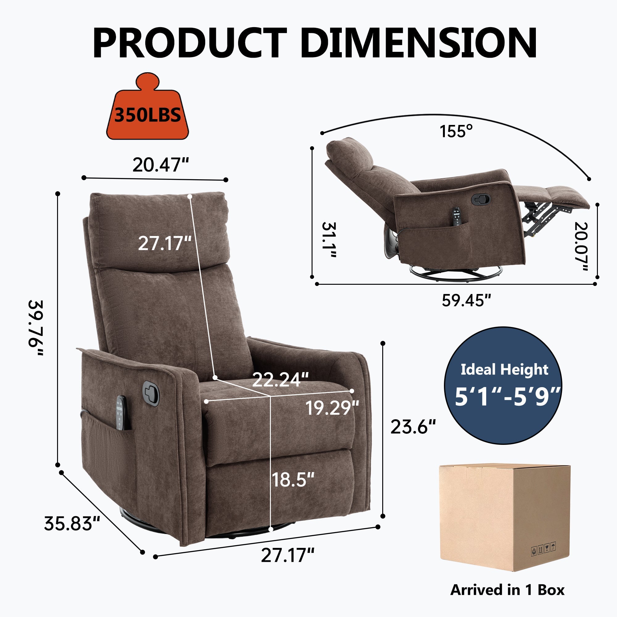 Recliner Chair Swivel Rocker Polyester Brown 360 Degree Heat Massage 155
