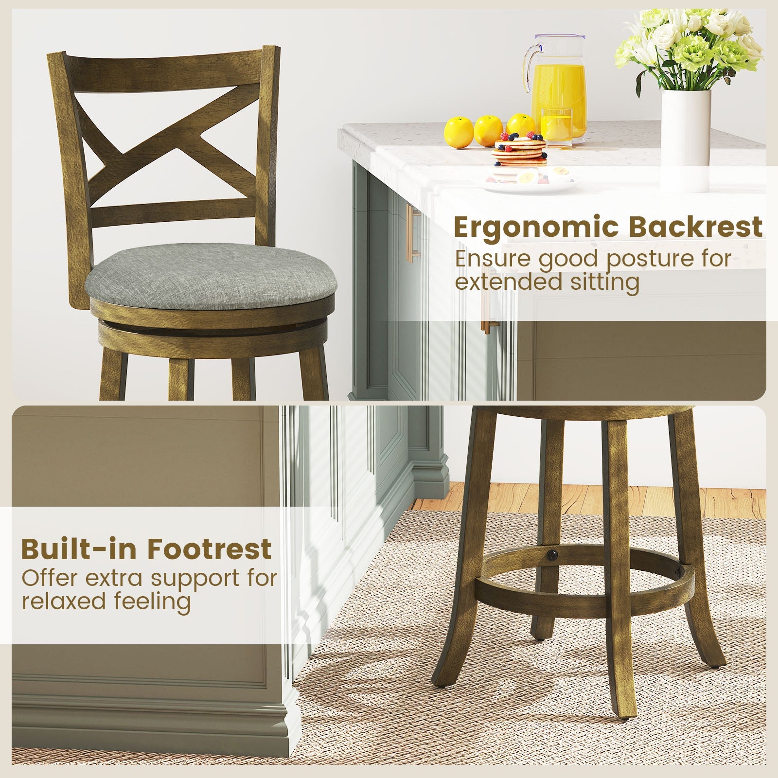 25/30 Inch Swivel Bar Stools Set of 2 with Backrests and Wood Frame