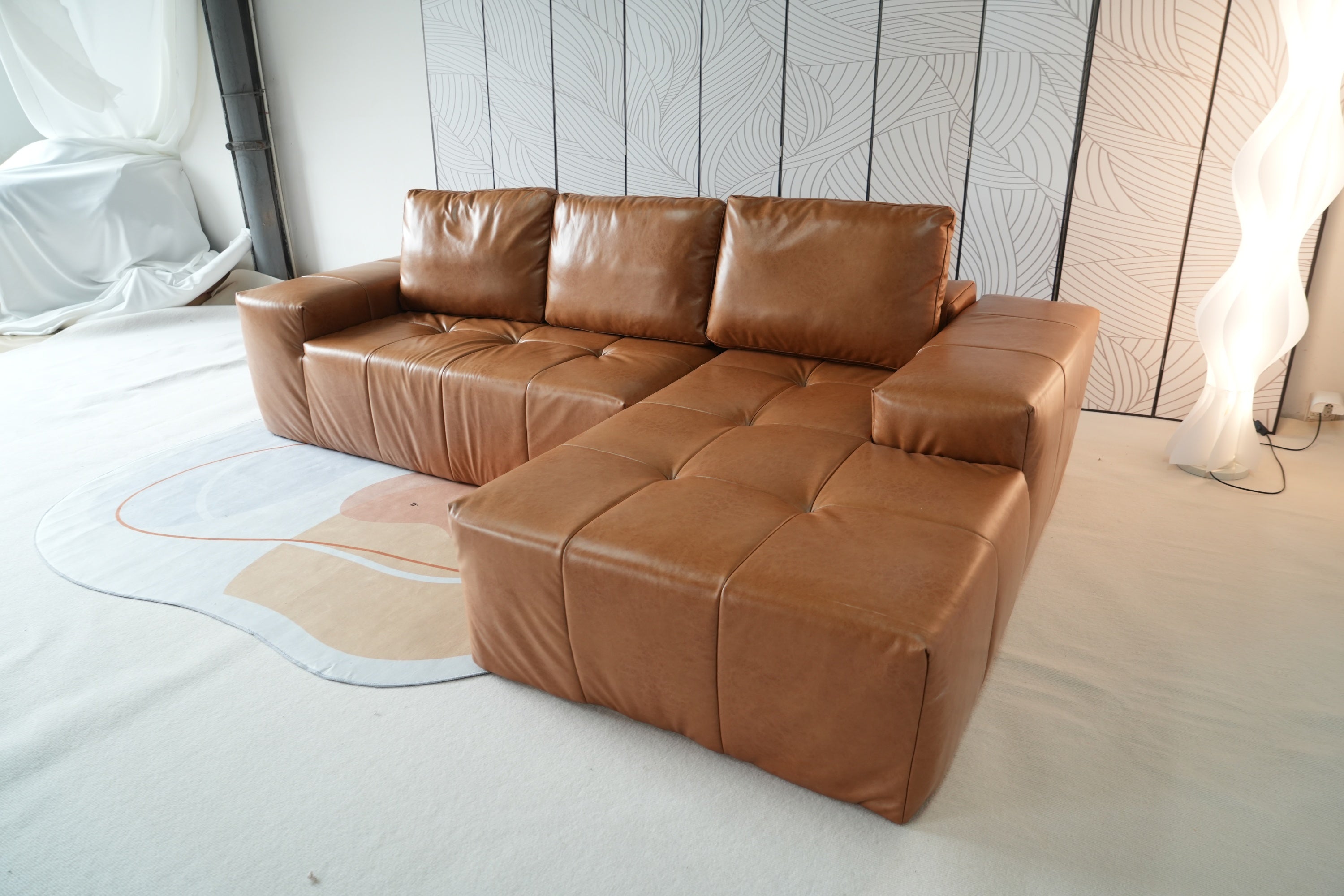 Sectional Sofa L-Shaped Modular Brown Faux Leather with Chaise