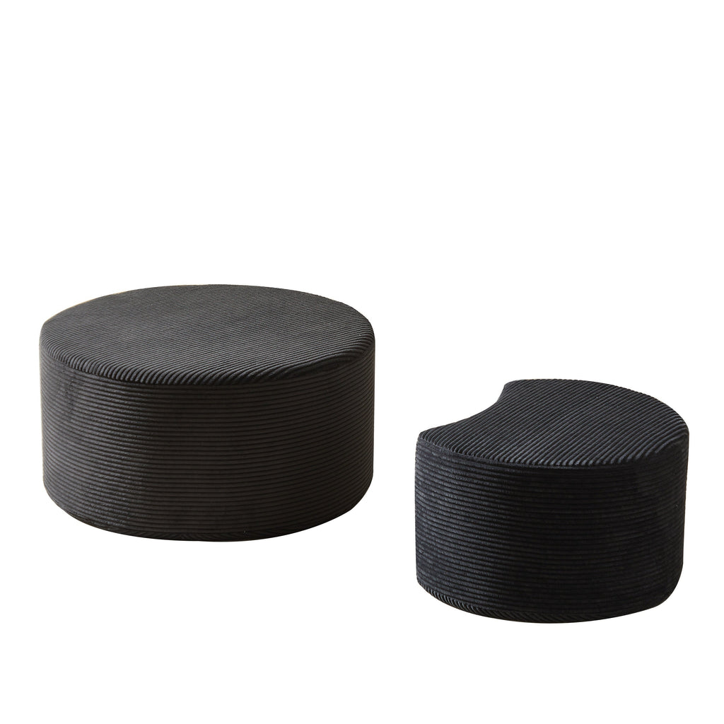Upholstered Round Coffee Table Set of 2, Black Corduroy Fabric, No Assembly