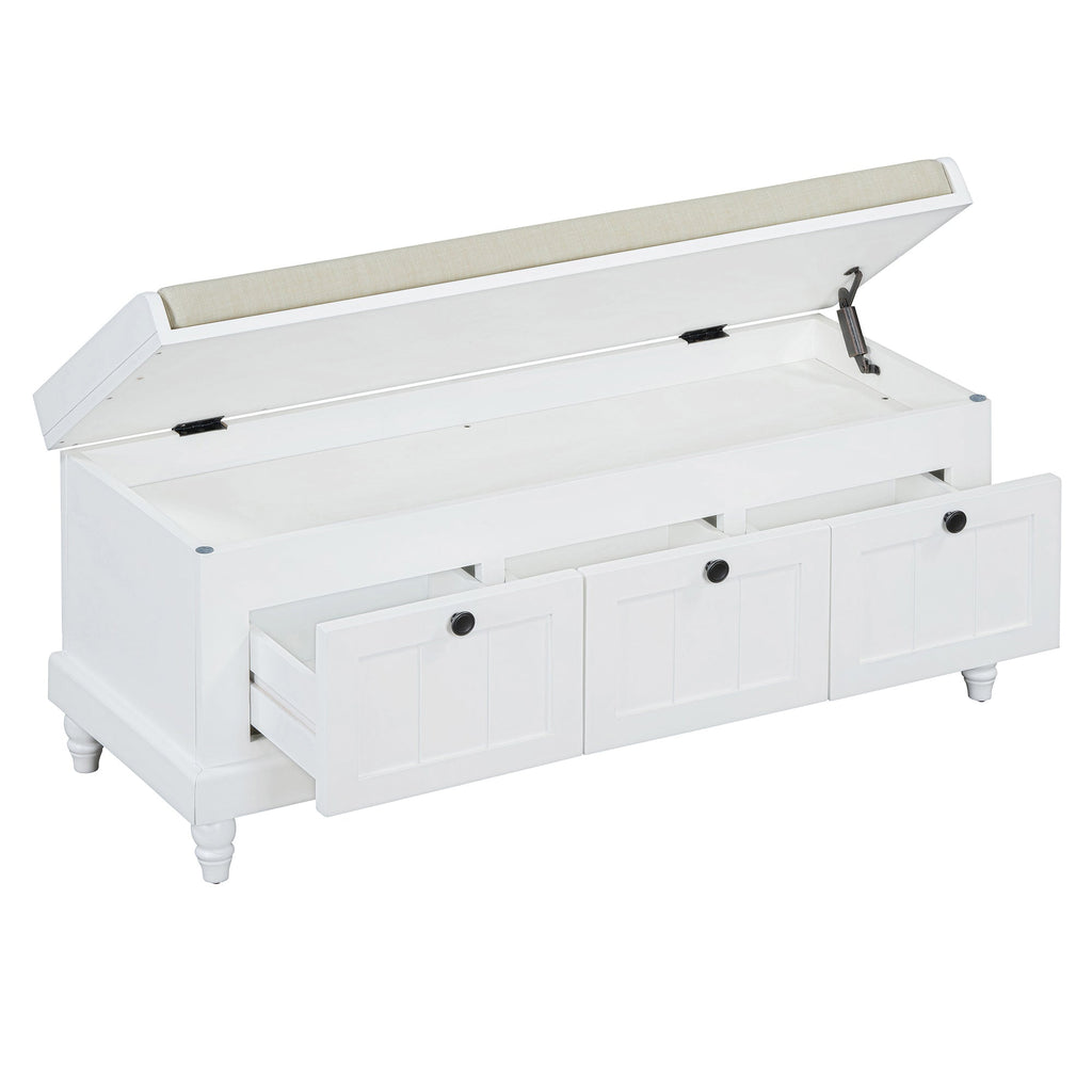 Entry Bench Fluted MDF White Cushioned Seat 3 Drawers 44x16x19 In 220 LB