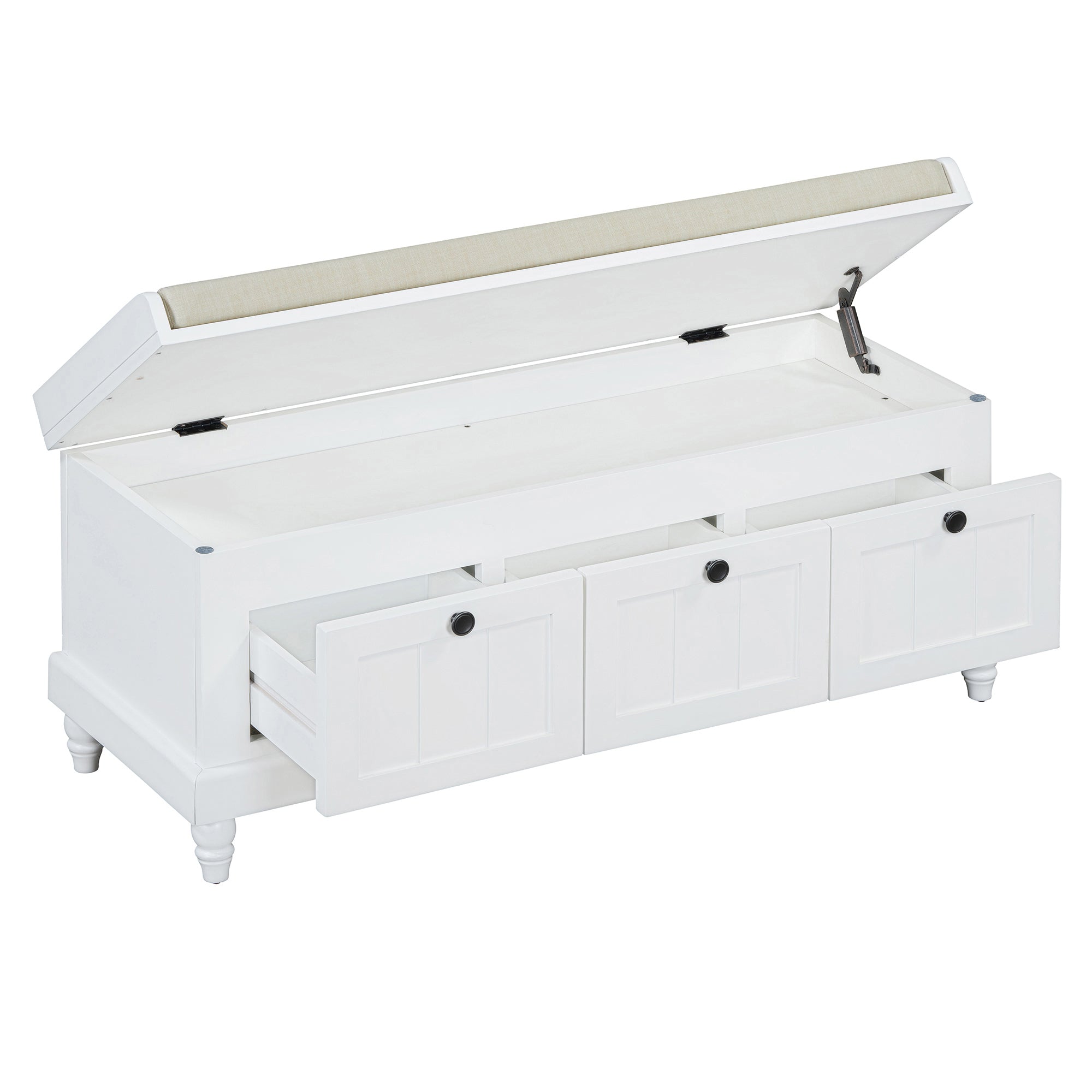Entry Bench Fluted MDF White Cushioned Seat 3 Drawers 44x16x19 In 220 LB