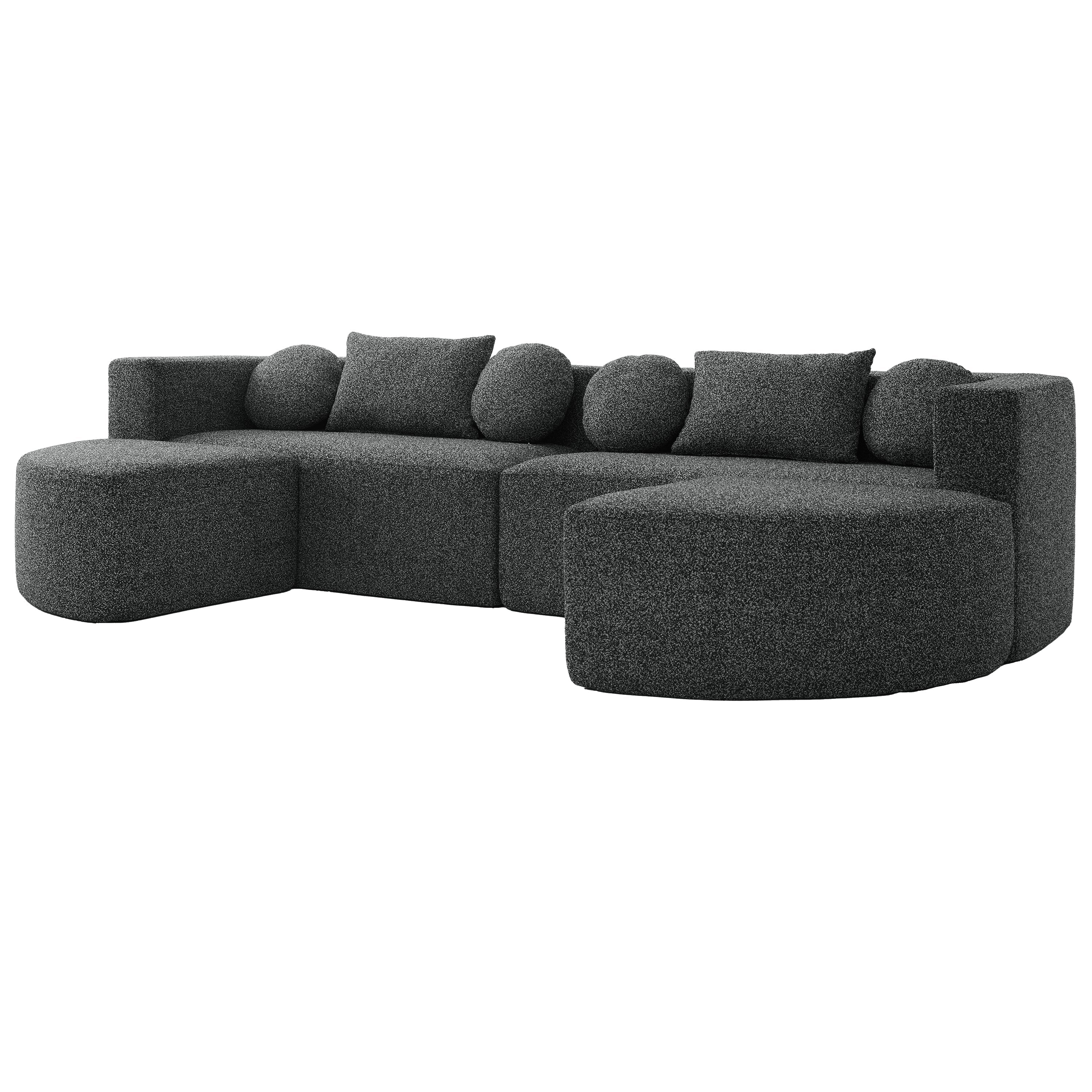 Sectional Sofa U-Shape Modular Boucle Black 6-Seat Deep Seating 114.9x64.5 In