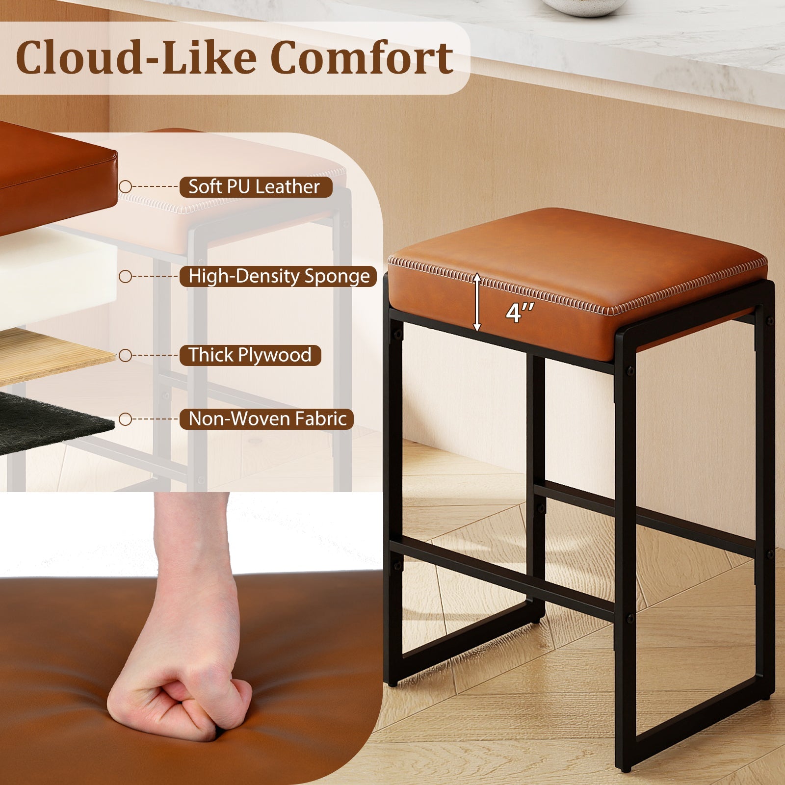 26 inch Bar Stools Set of 2 Counter Height Barstools with Faux Leather Upholstered Seat