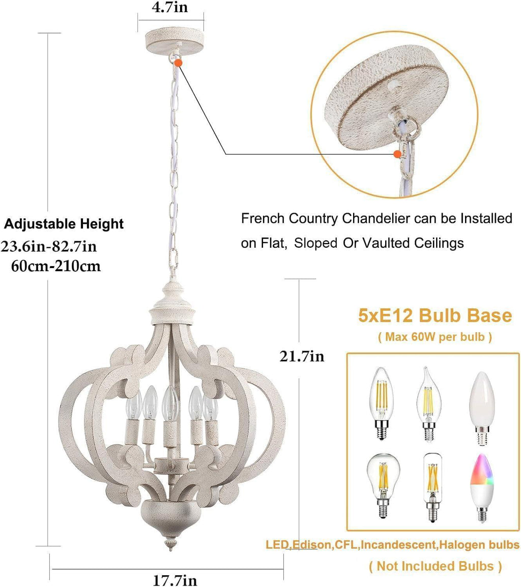 Wooden Farmhouse Chandelier Distressed White Five Lights