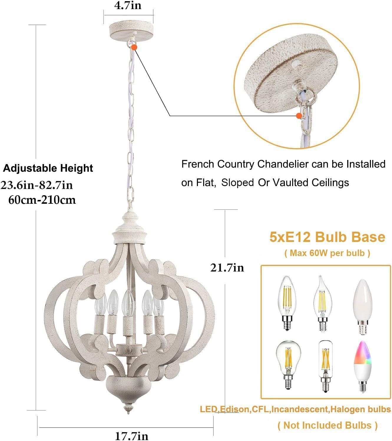Wooden Farmhouse Chandelier Distressed White Five Lights