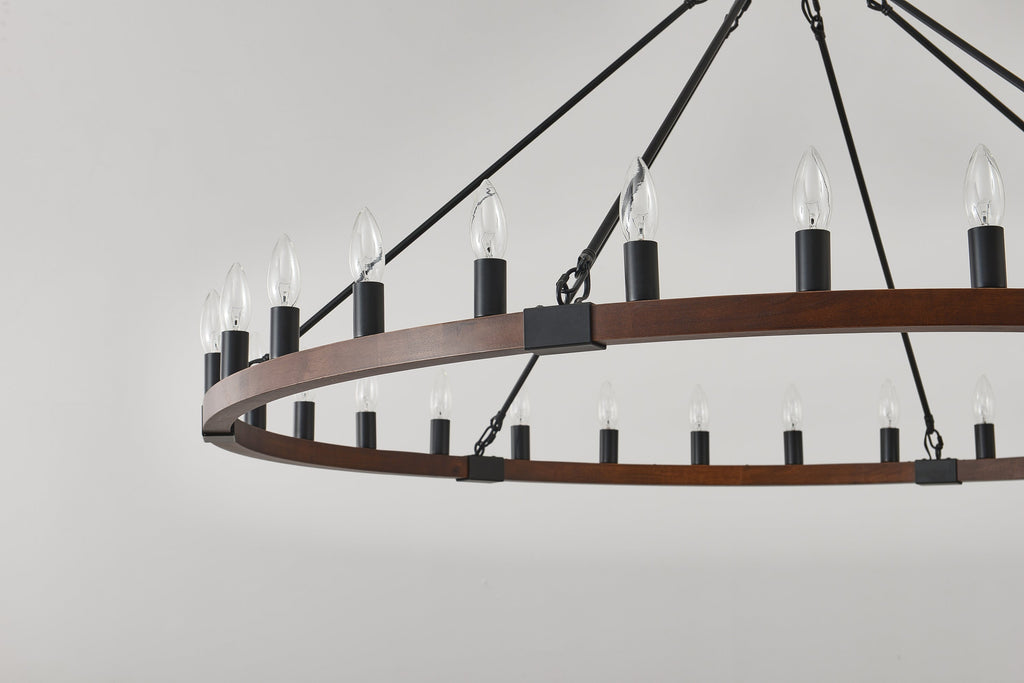 Chandelier Wood Wagon Wheel 20-Light Farmhouse Matte Black 39.3 In