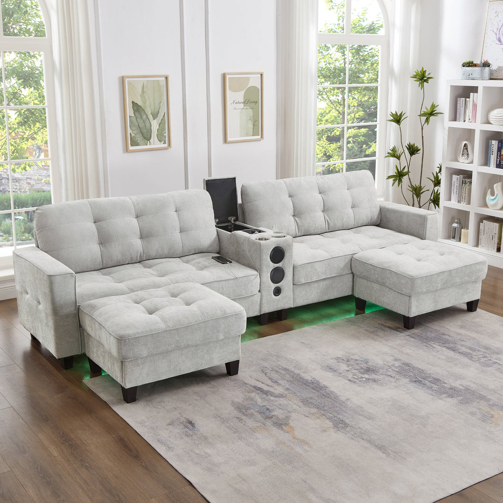 Sectional Sofa U-Shape Chenille Light Gray 6 Seat Bluetooth 126 In