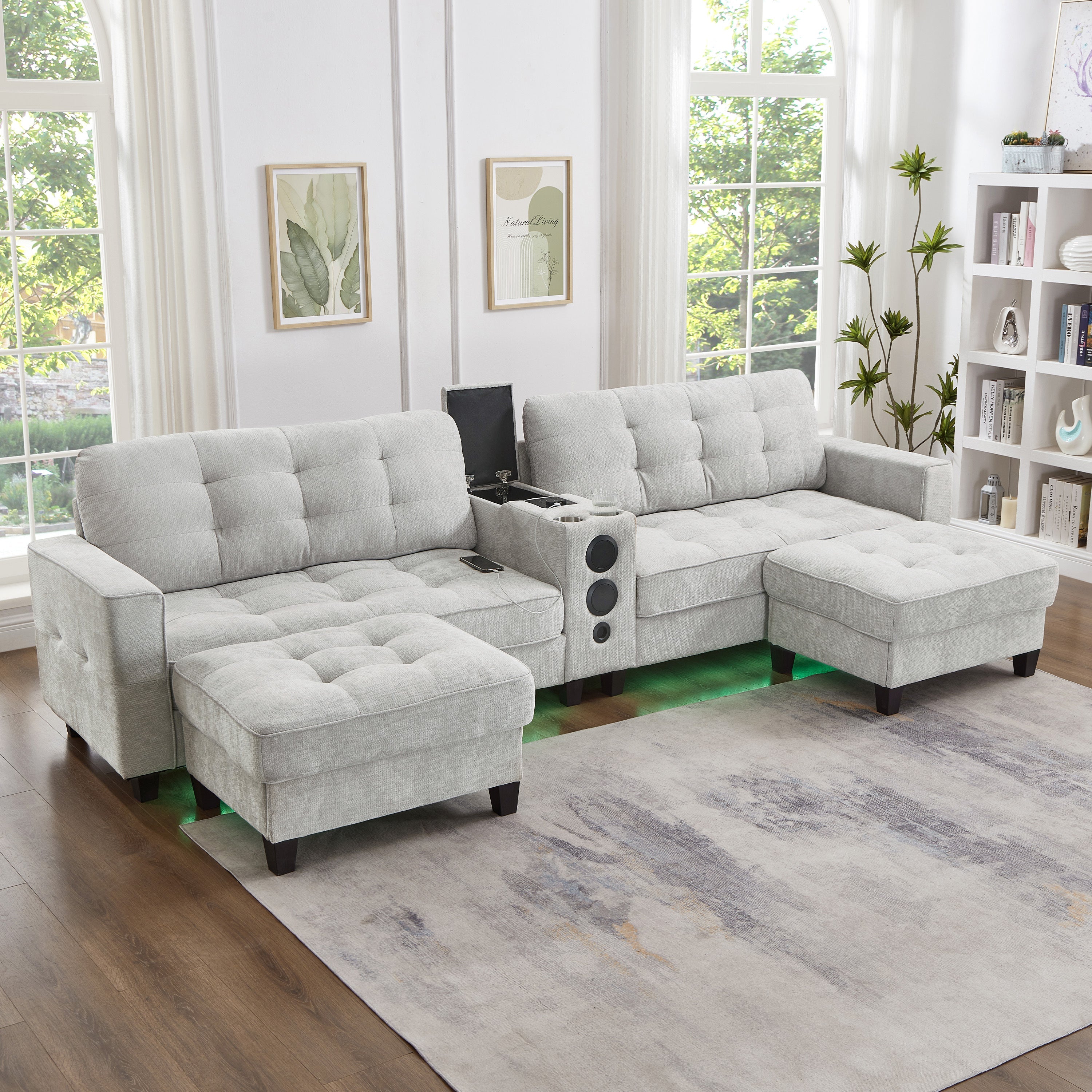Sectional Sofa U-Shape Chenille Light Gray 6 Seat Bluetooth 126 In