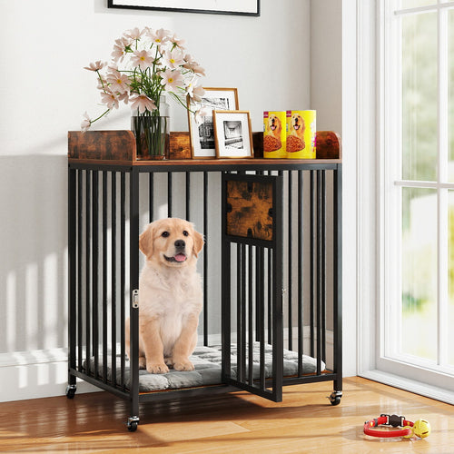 27.5 Inch Dog Crate Furniture with Wheels for Small Dogs and Puppies-Rustic Brown
