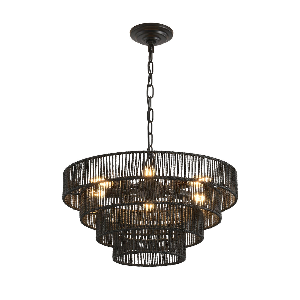 Chandelier 4-Tier Black Hemp Rope Pendant 6-Light Boho 20 In Dining