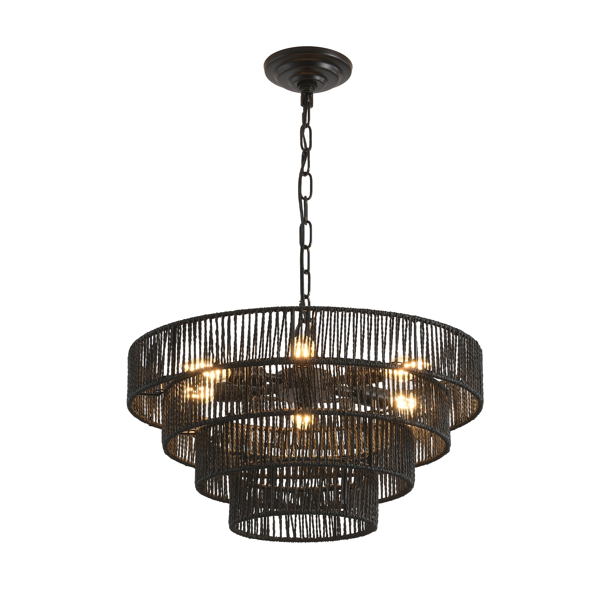 Chandelier 4-Tier Black Hemp Rope Pendant 6-Light Boho 20 In Dining