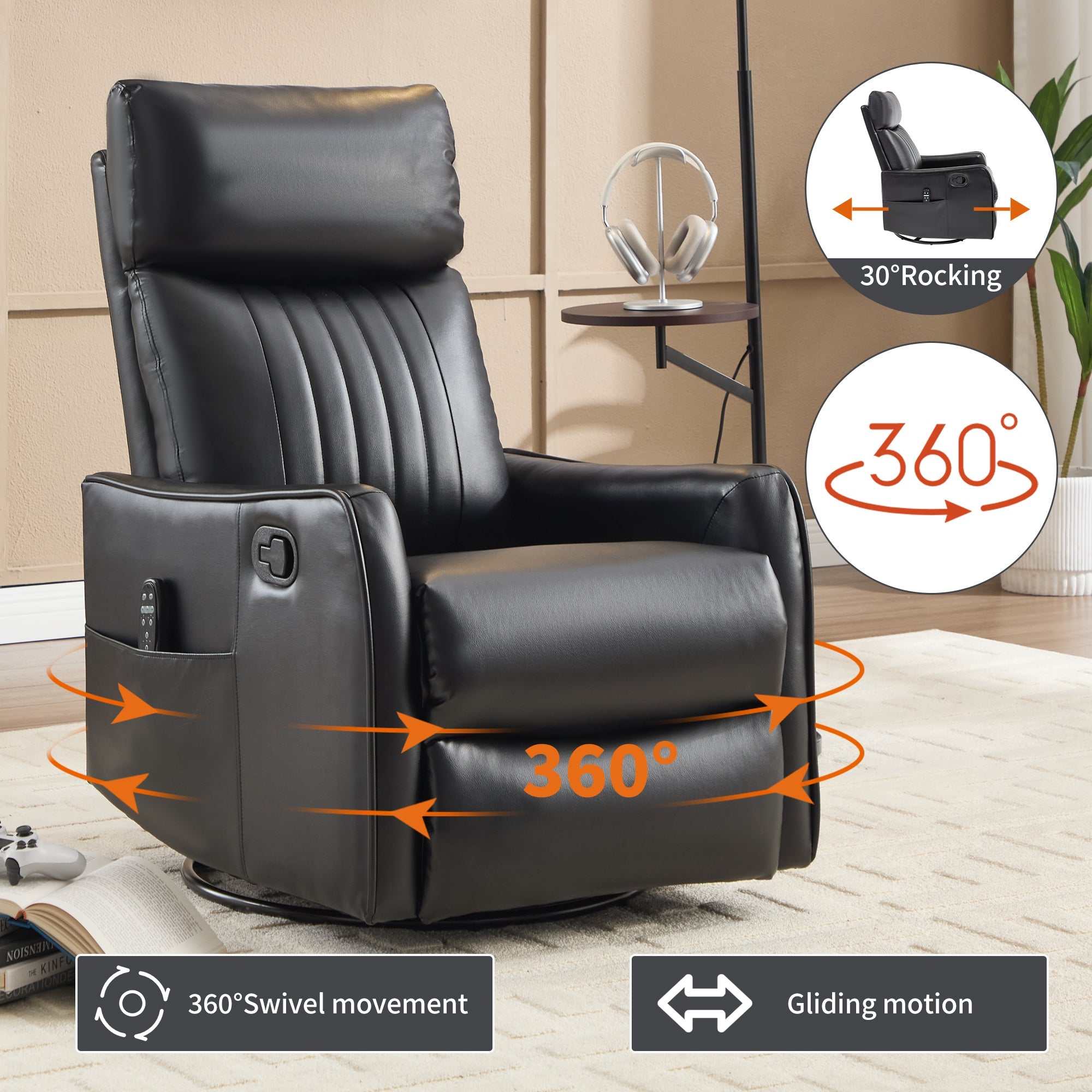 Black Faux Leather Massage Recliner Chair w/ Heat Rocker Swivel