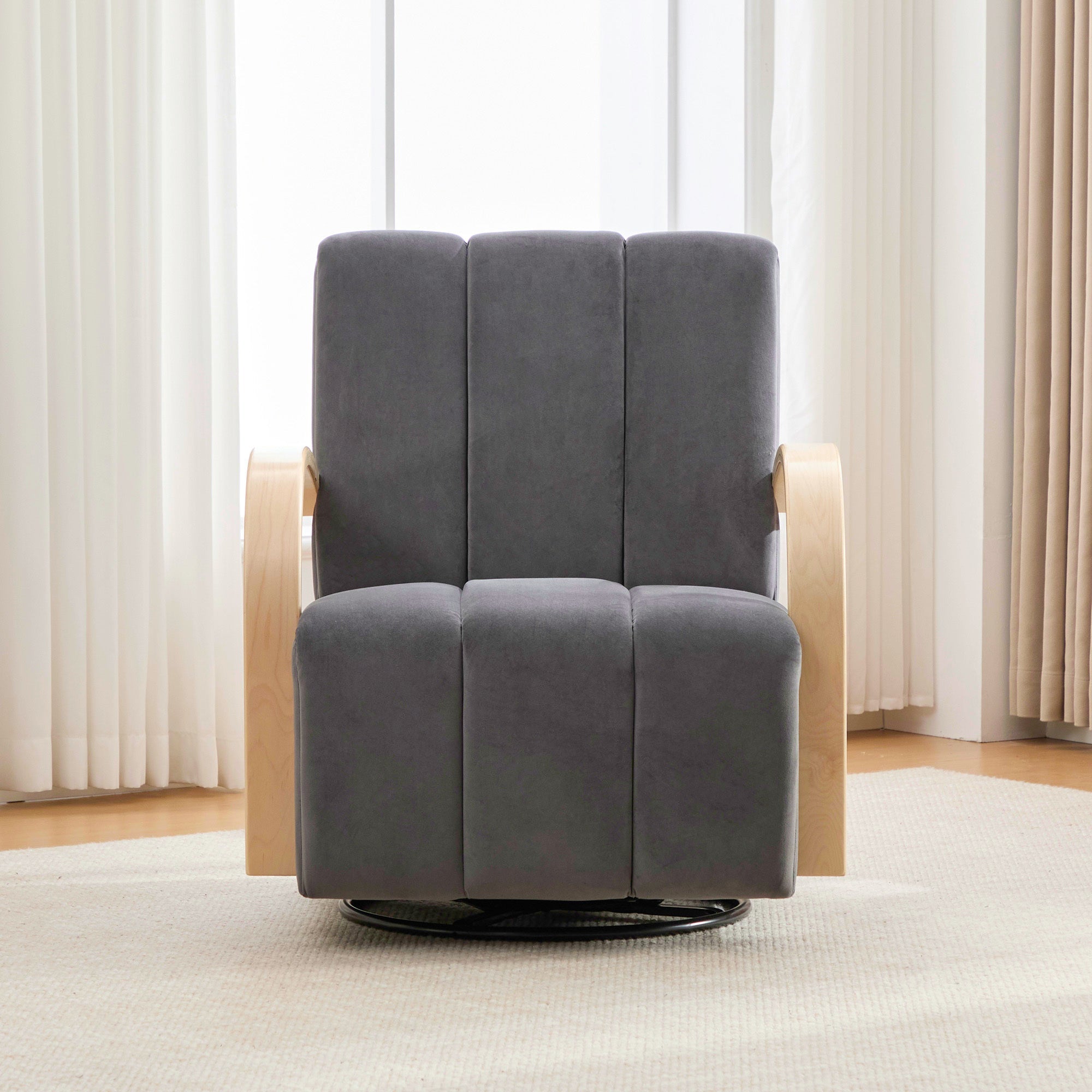 Swivel Accent Chair 360 Degree Velvet Charcoal Channel Tufted Wood Armrests
