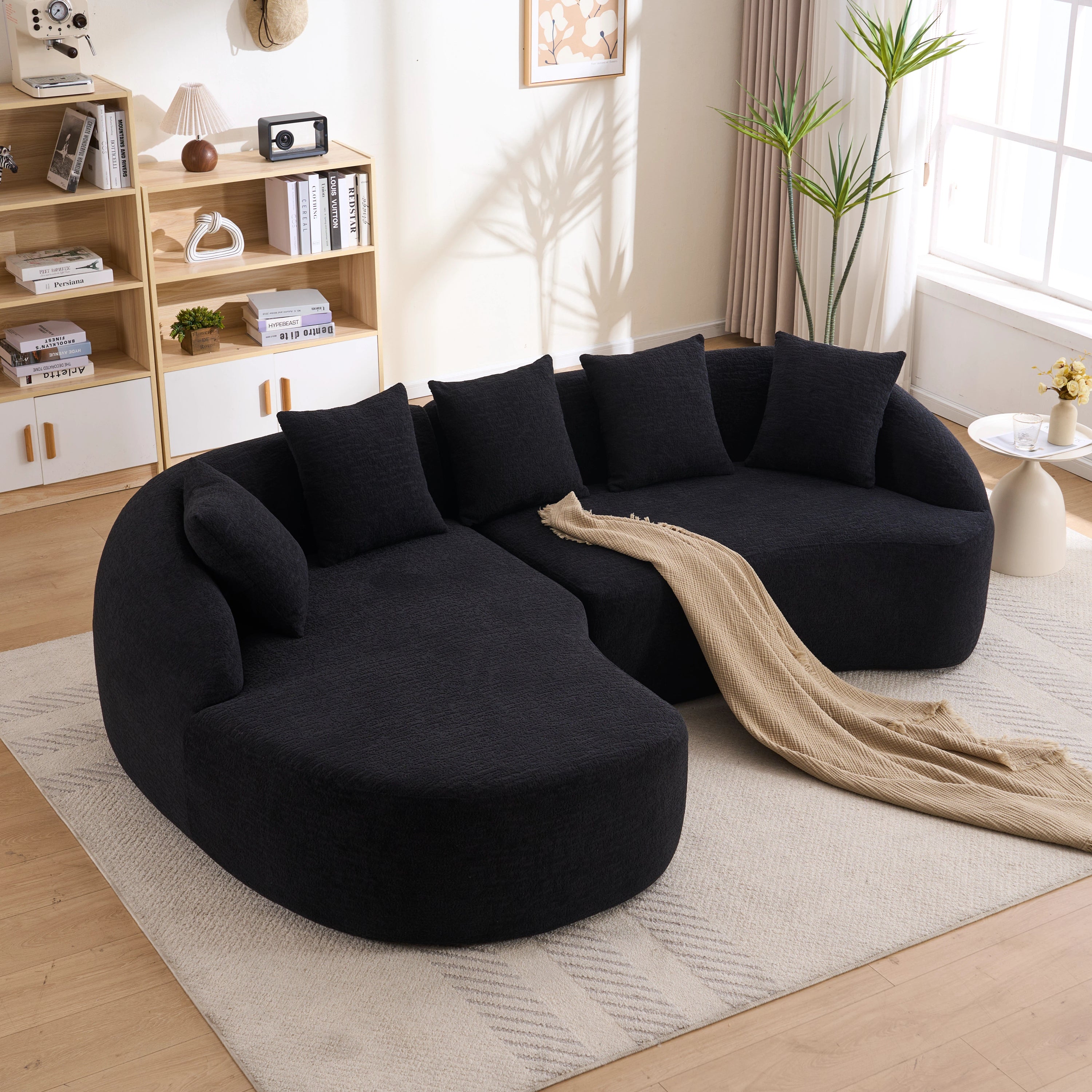 Sectional Sofa l Shaped with Curved Chaise Black Chenille Sleeper