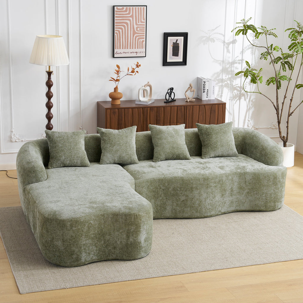 Sectional Sofa l Shape Chenille Green Curved Chaise with Foam and Spring Support