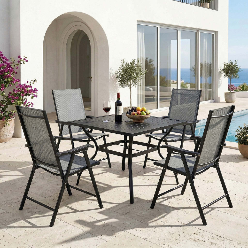 Outdoor Dining Set Metal Black 5 Piece Square Table 4 Folding Chairs Seats 4