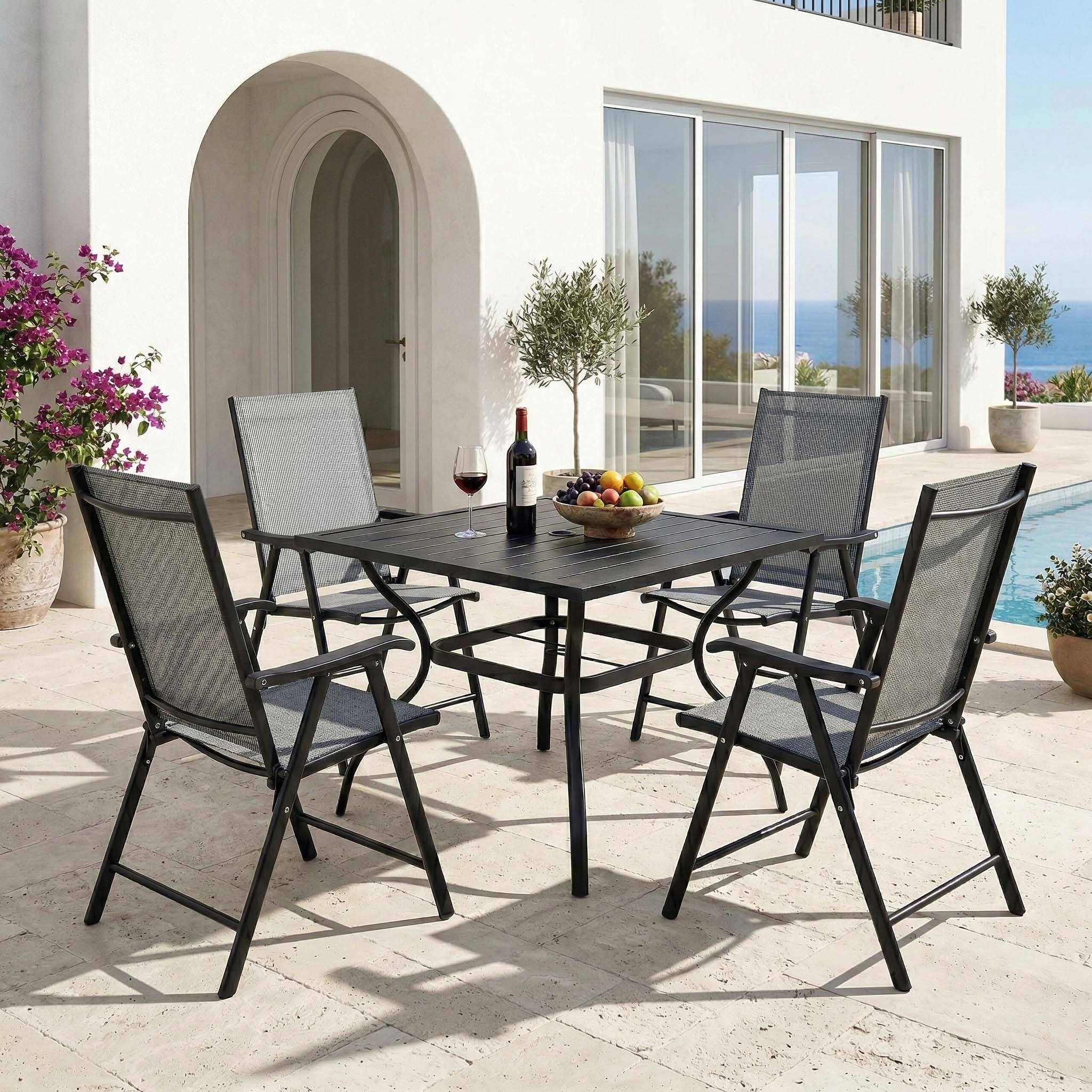 Outdoor Dining Set Metal Black 5 Piece Square Table 4 Folding Chairs Seats 4