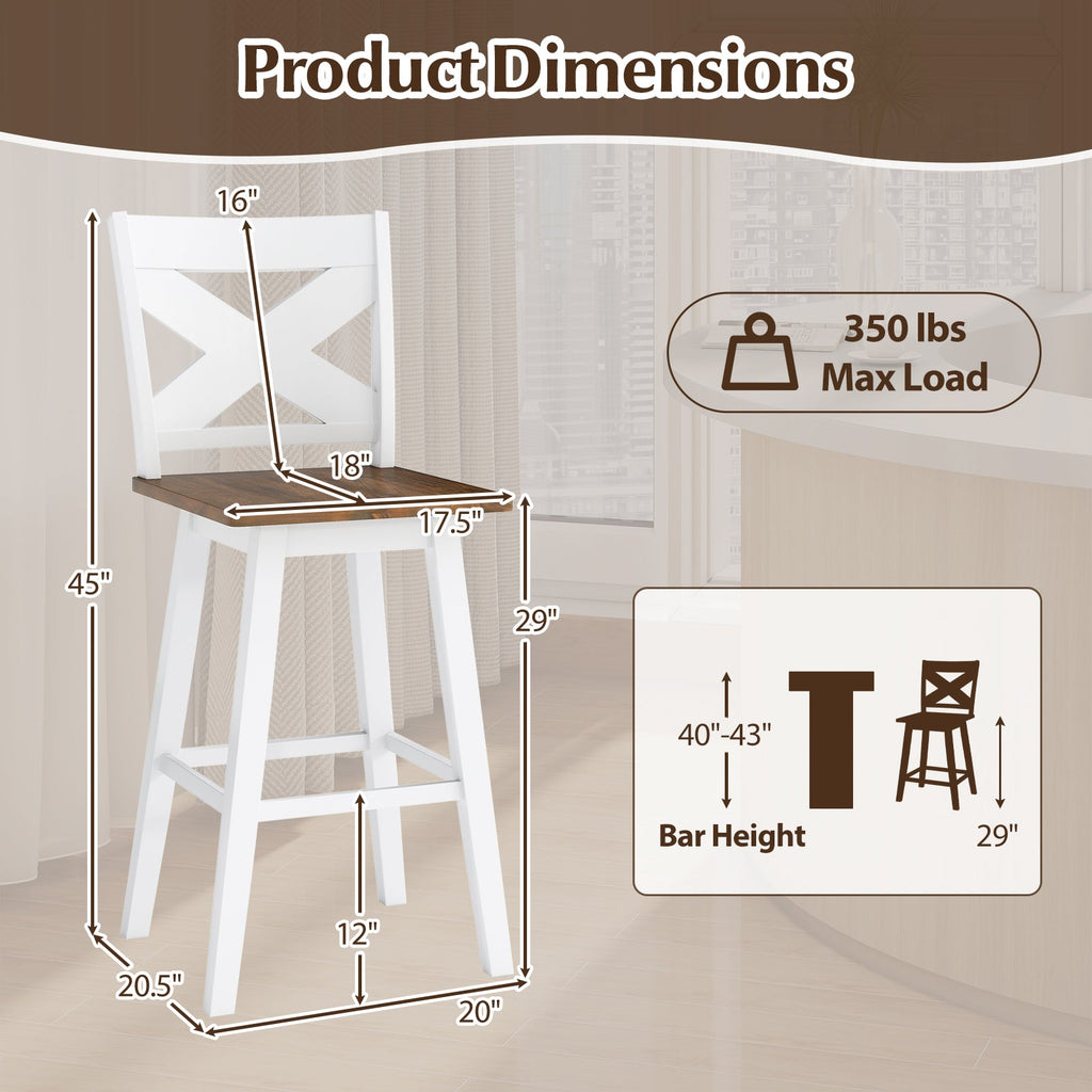 29" Rubberwood Swivel Barstools Set of 2 with Backrest and Large Seat