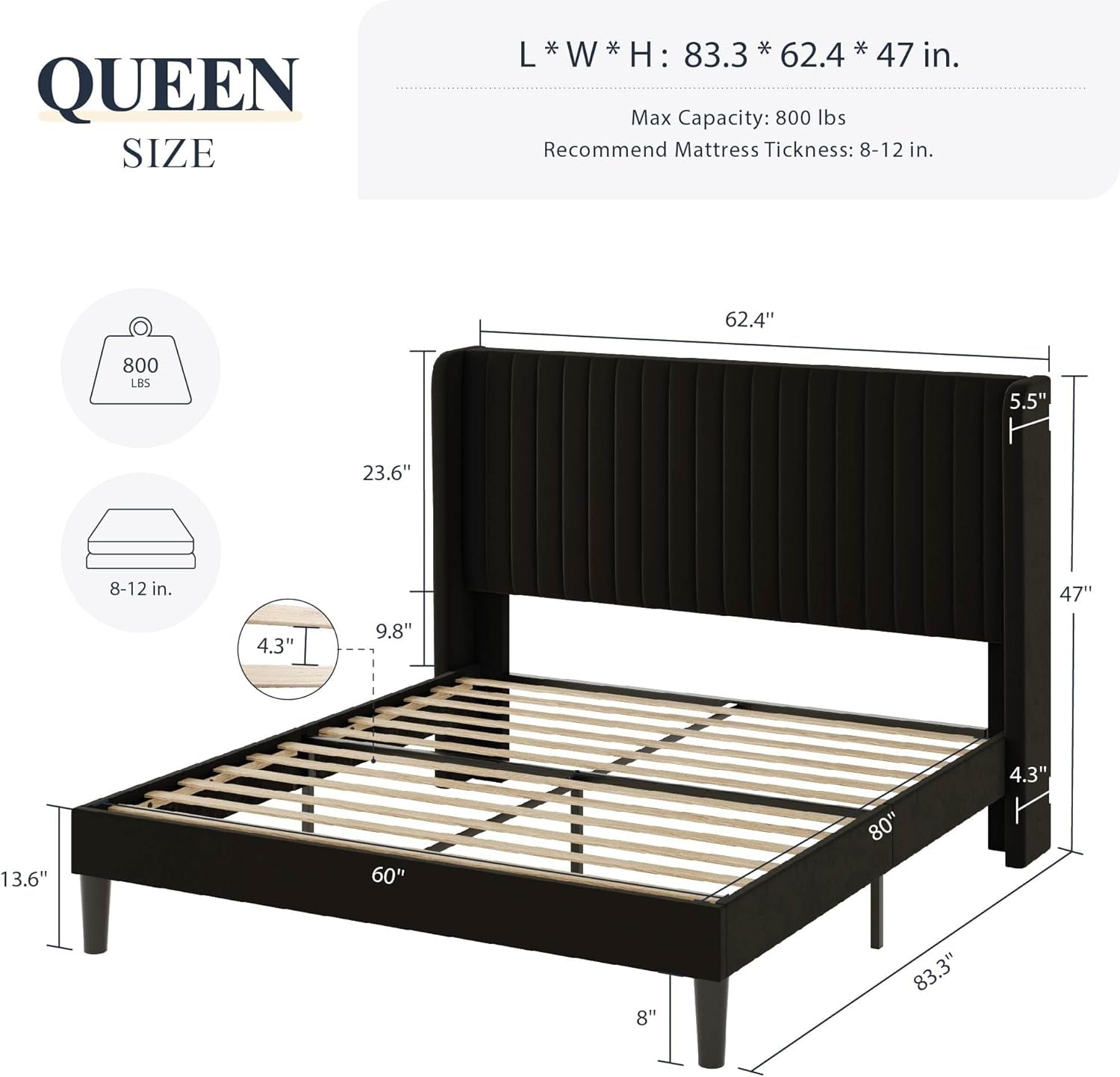 Queen Size Velvet Bed Frame With Wingback Headboard Storage