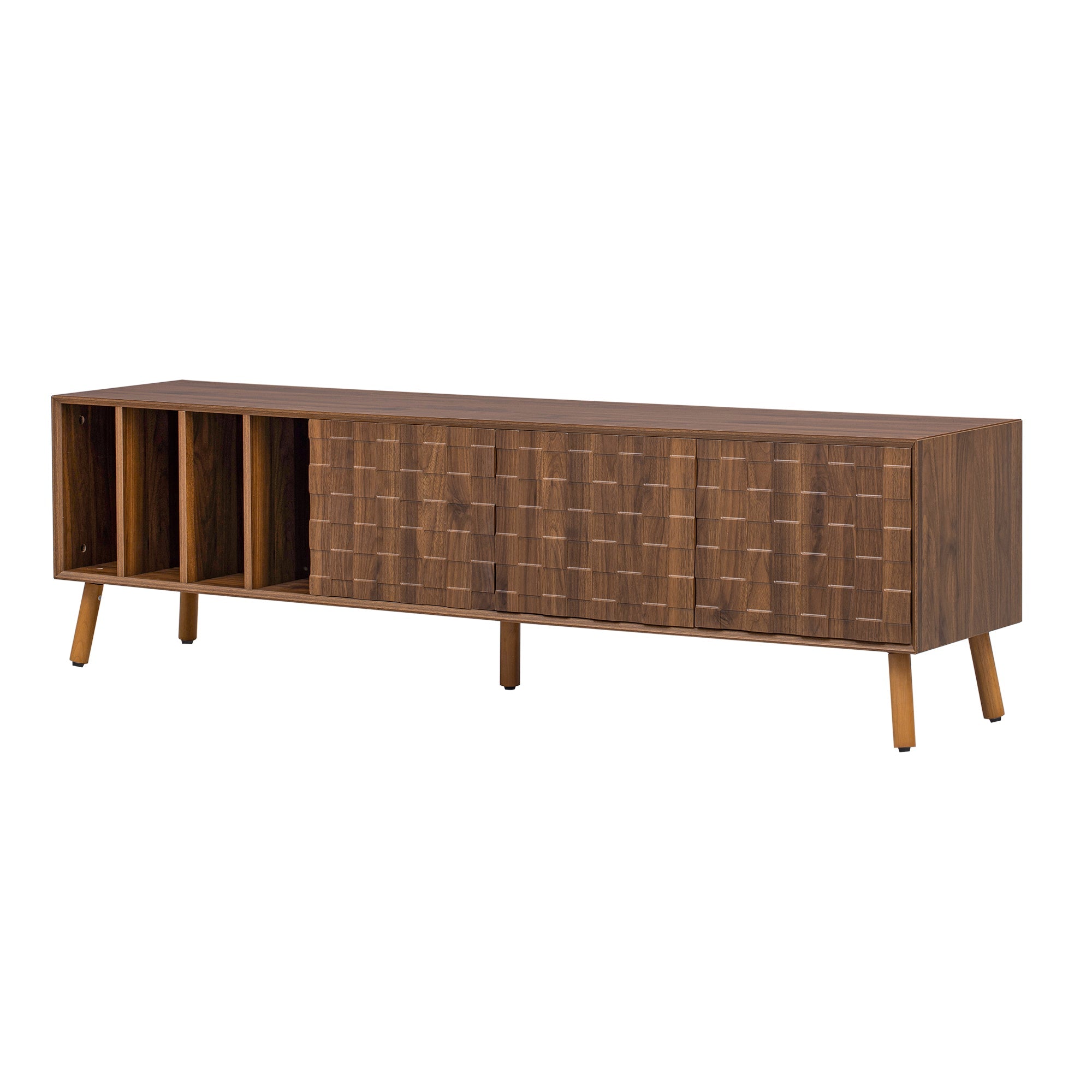 TV Stand Mid-Century Walnut Solid Wood MDF Push-Pop Doors Fits 80 In TV