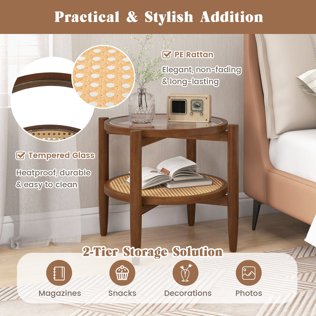 Rattan Round Side End Table with Tempered Glass Tabletop