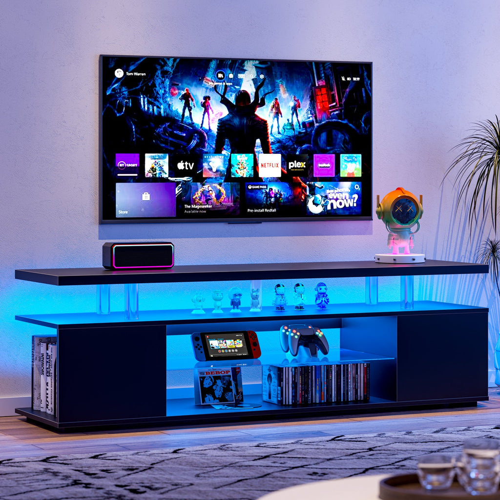 TV Stand Gaming LED Black Engineered Wood Fits 70 In TV 63x16x21 In