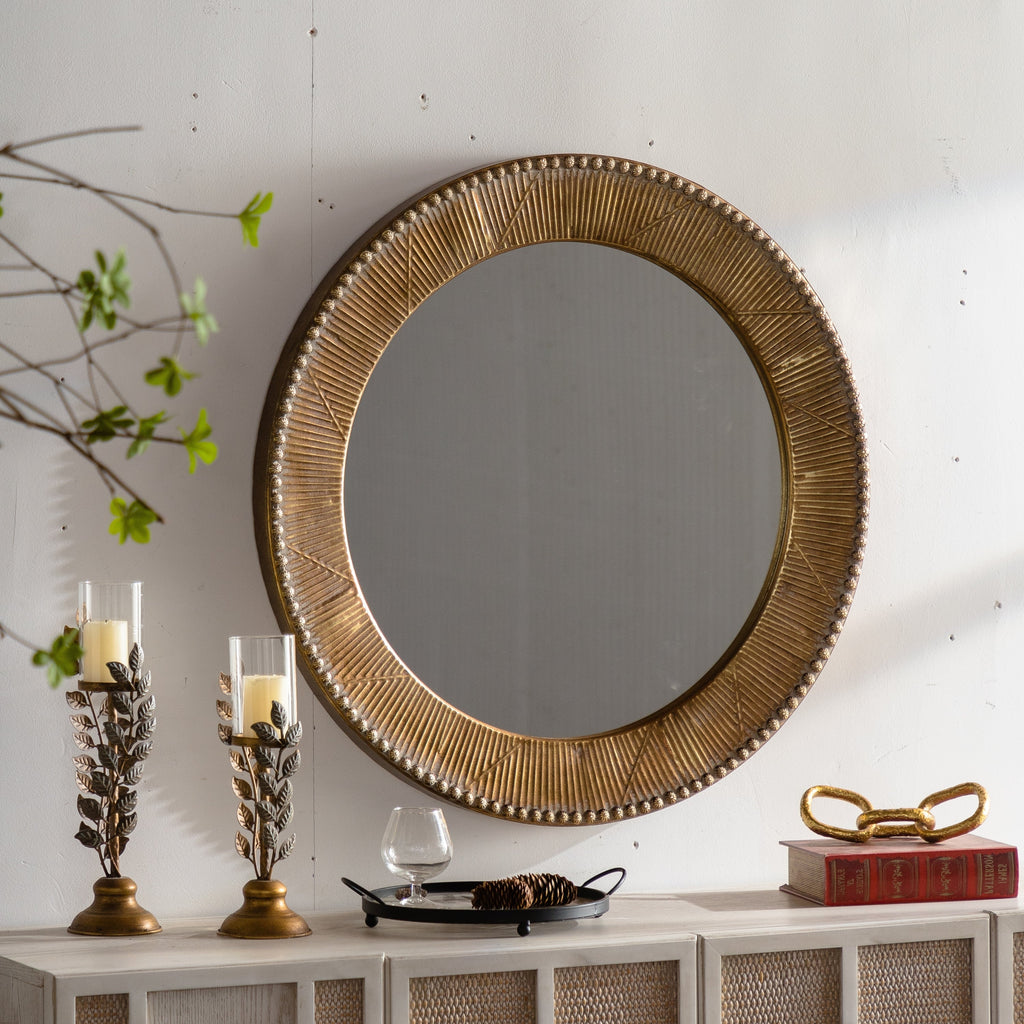 Wall Mirror Round Boho Gold Textured Iron Frame 31.3 Inch Living Room