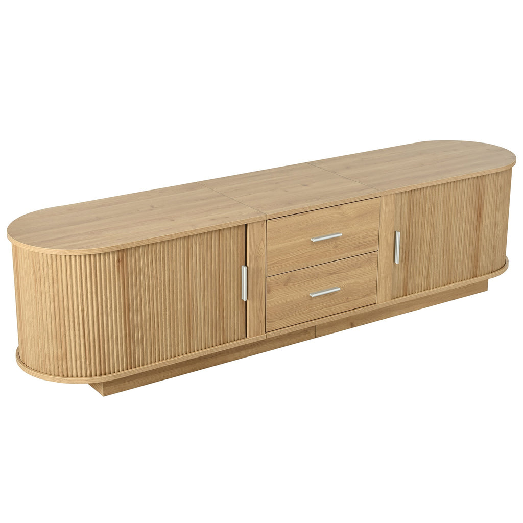 TV Stand American Style Acacia MDF Sliding Door Rounded Corners Fits 75 In TV