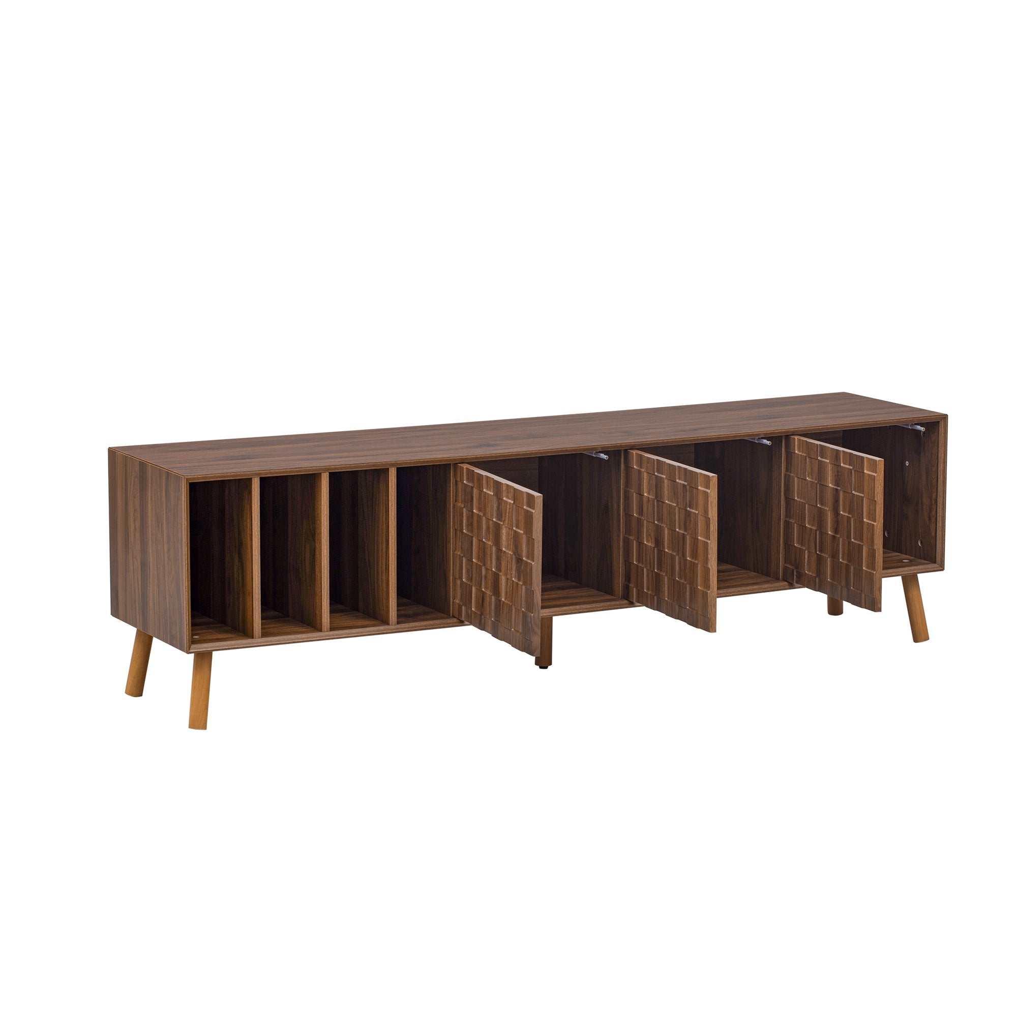 TV Stand Mid-Century Walnut Solid Wood MDF Push-Pop Doors Fits 80 In TV