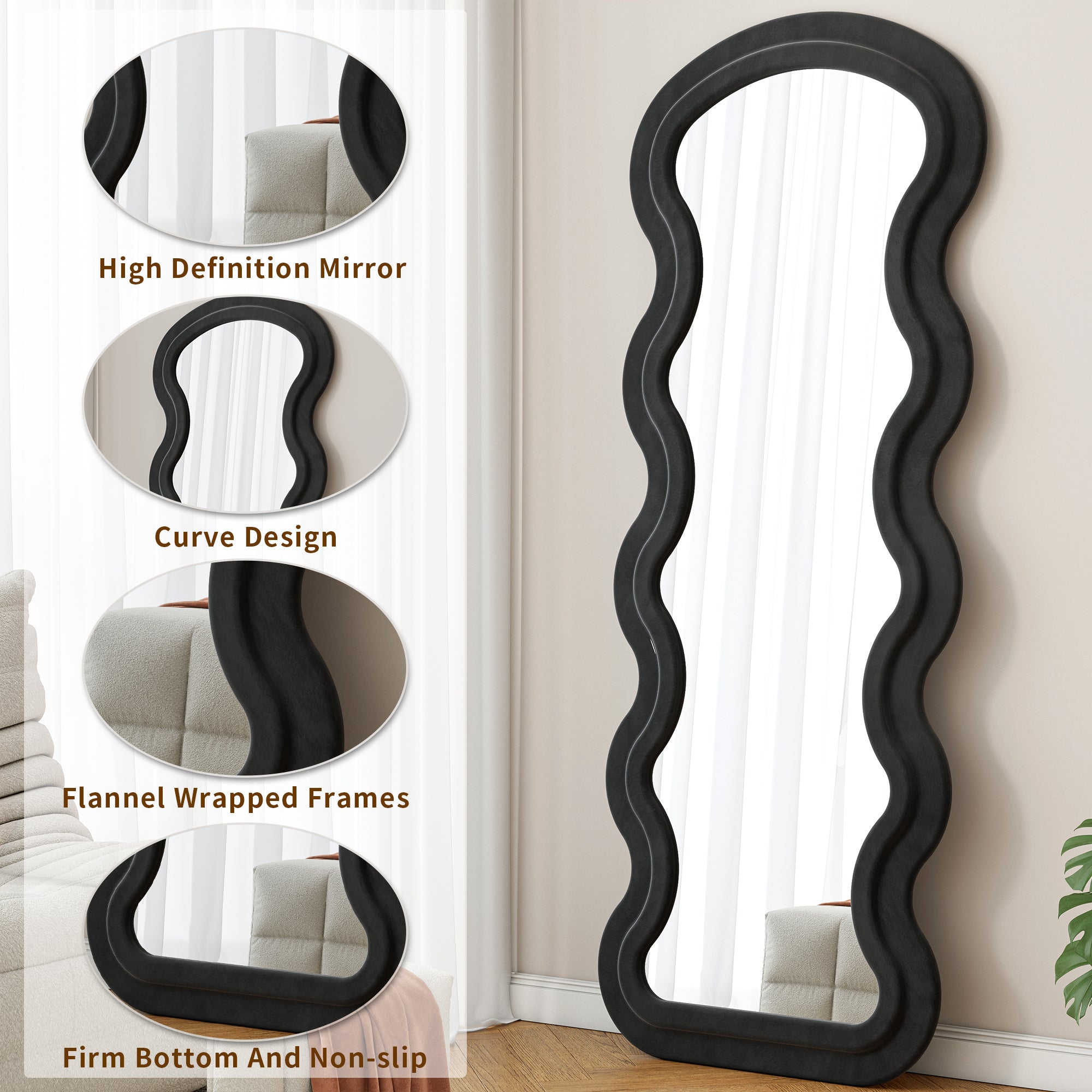Full Length Floor Mirror Wave Black Standing Bedroom Living Room Mirror