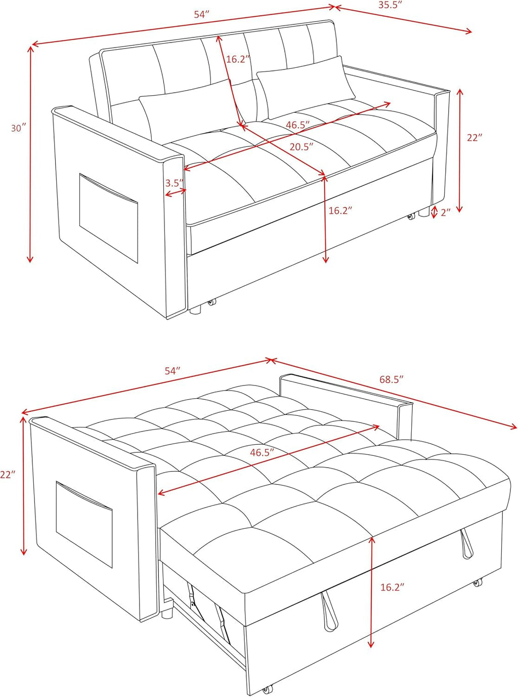 54 Inches Convertible Sofa Bed With Adjustable Backrest