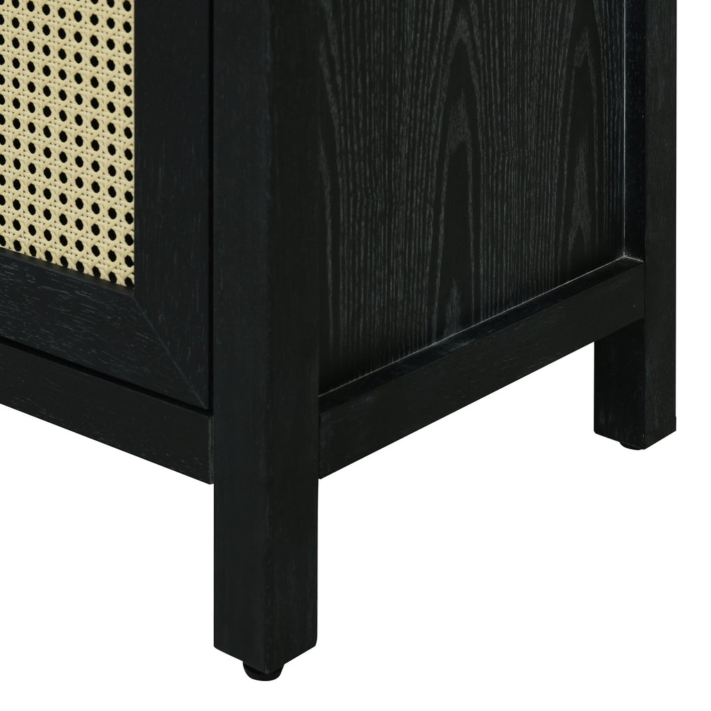TREXM Bohemian Style Rattan Buffet Storage Cabinet with Solid Wood Frame, Sideboard with 3-position Adjustable Shelves for Living & Dining Rooms, No-Handle Push-to-Open Design (Black)