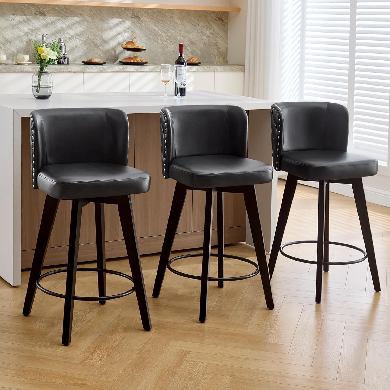 Swivel Bar Stool Set of Three with Faux Leather