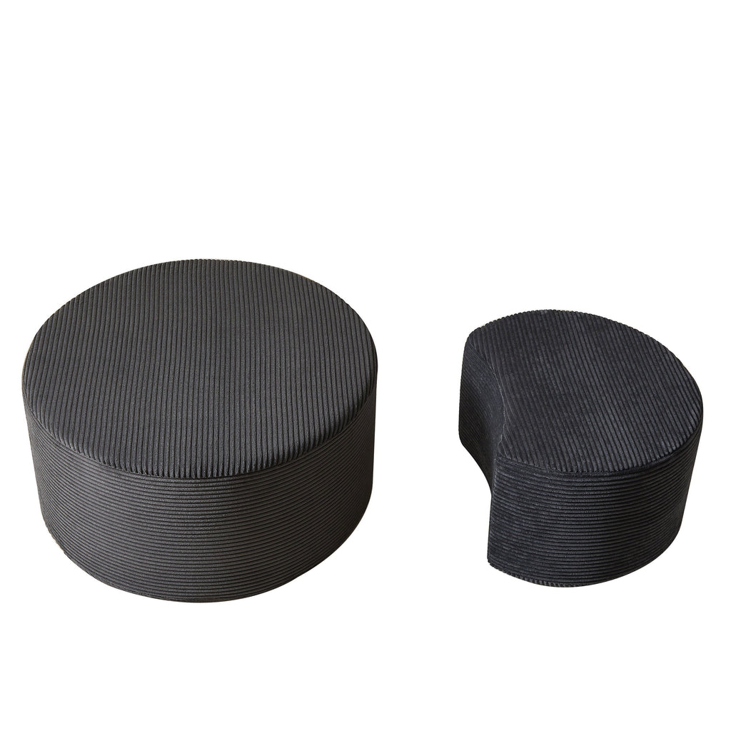 Upholstered Round Coffee Table Set of 2, Black Corduroy Fabric, No Assembly