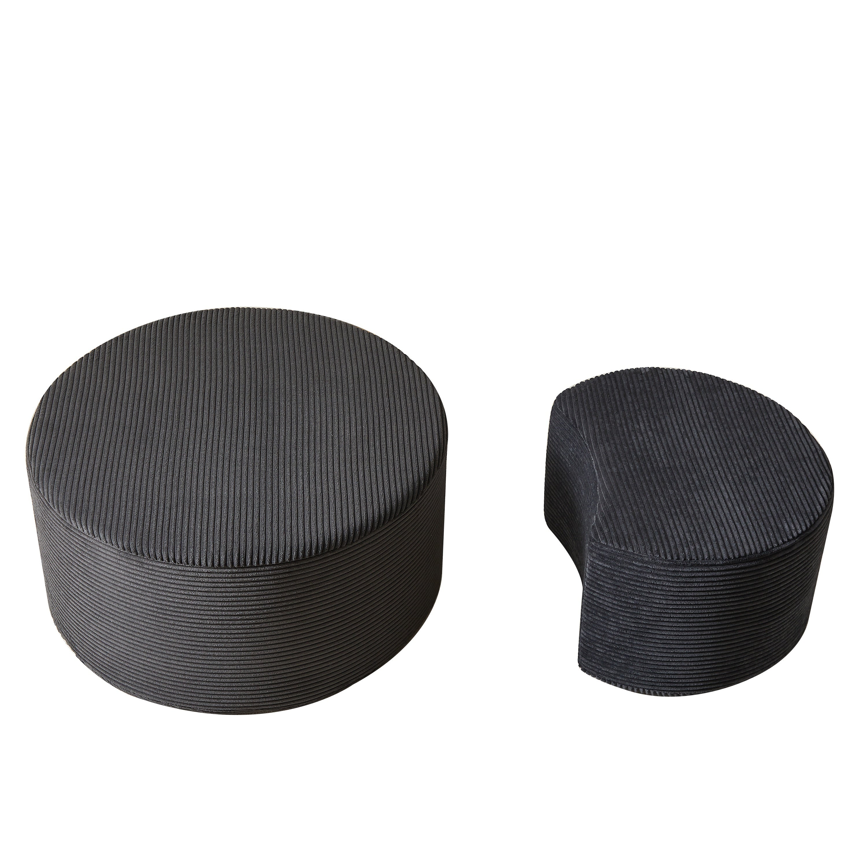 Upholstered Round Coffee Table Set of 2, Black Corduroy Fabric, No Assembly