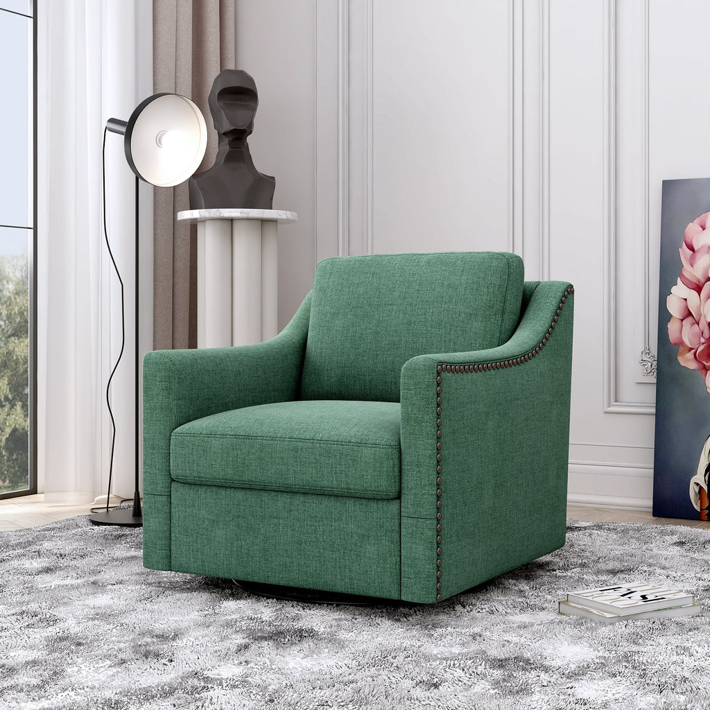 Accent Chair Swivel 360 Degree Linen Blackish Green Brass Nailheads 300 LB