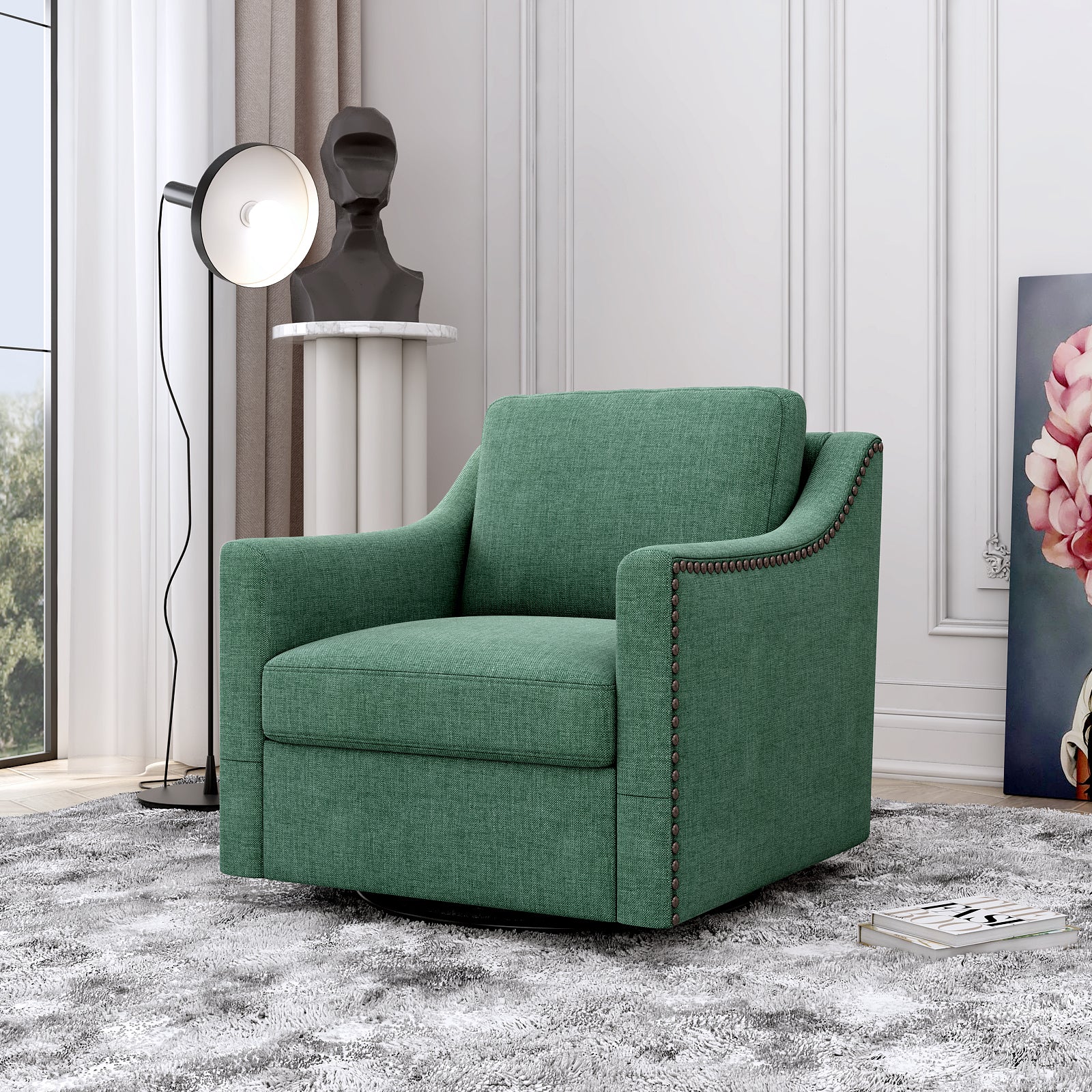 Accent Chair Swivel 360 Degree Linen Blackish Green Brass Nailheads 300 LB