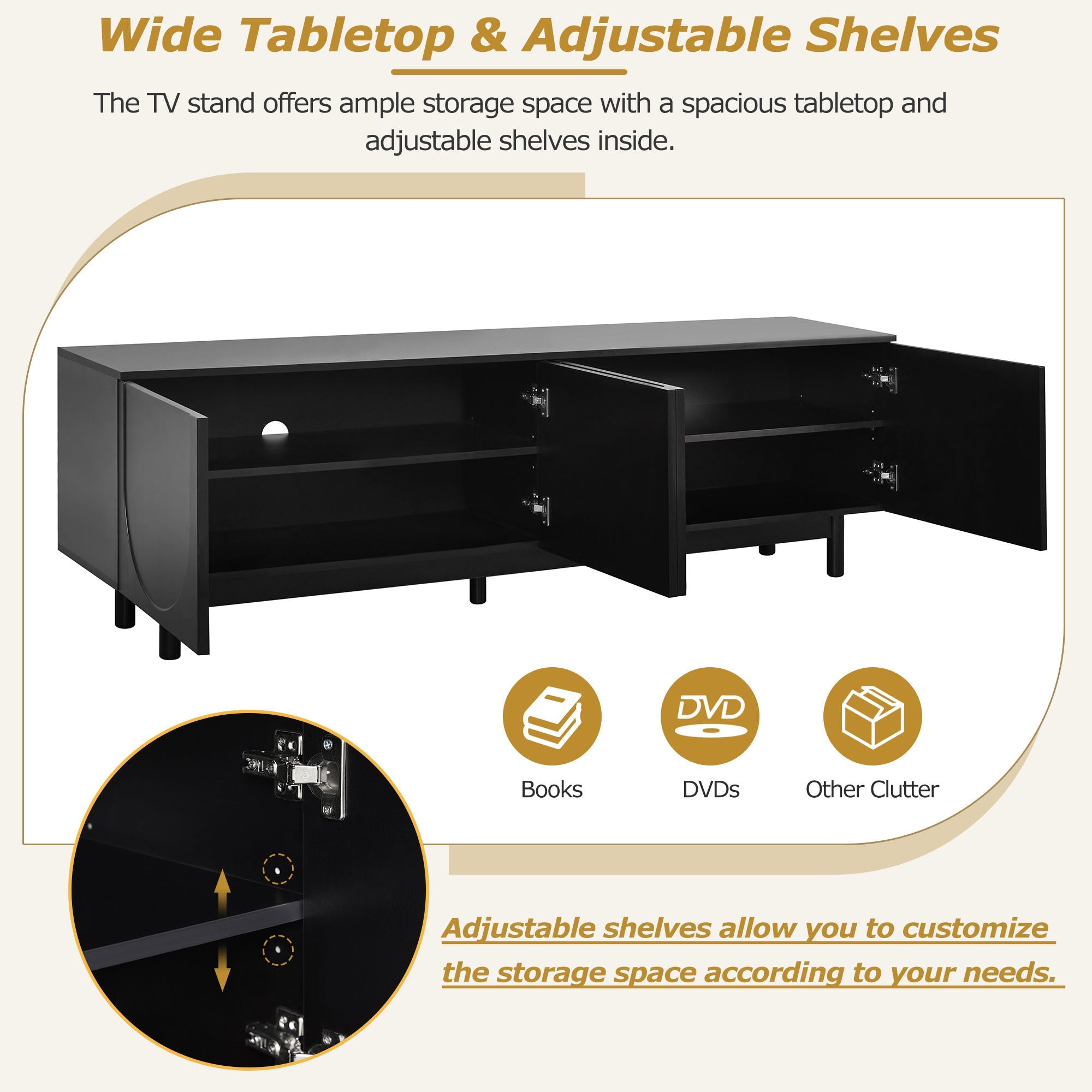 TV Stand Minimalist Black Particle Board Arch Doors Wood Legs Fits 78 In TV