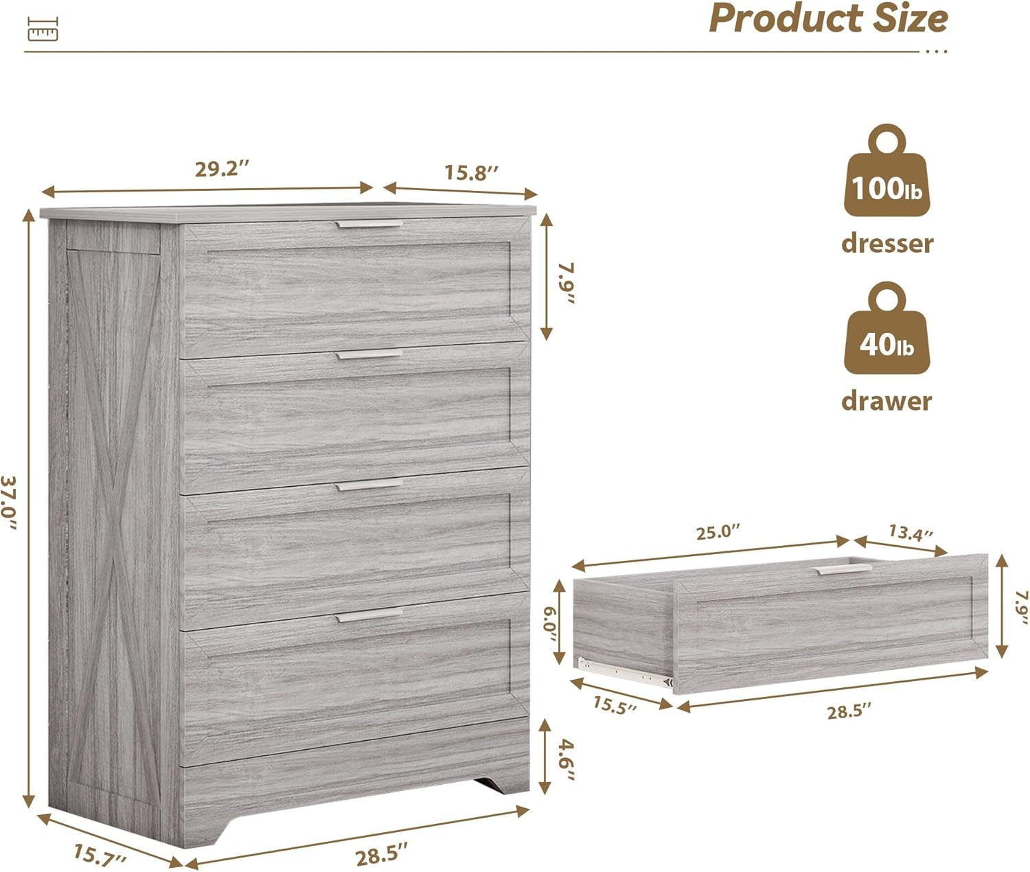 Washed Grey Farmhouse 4 Drawer Distinctive Dresser