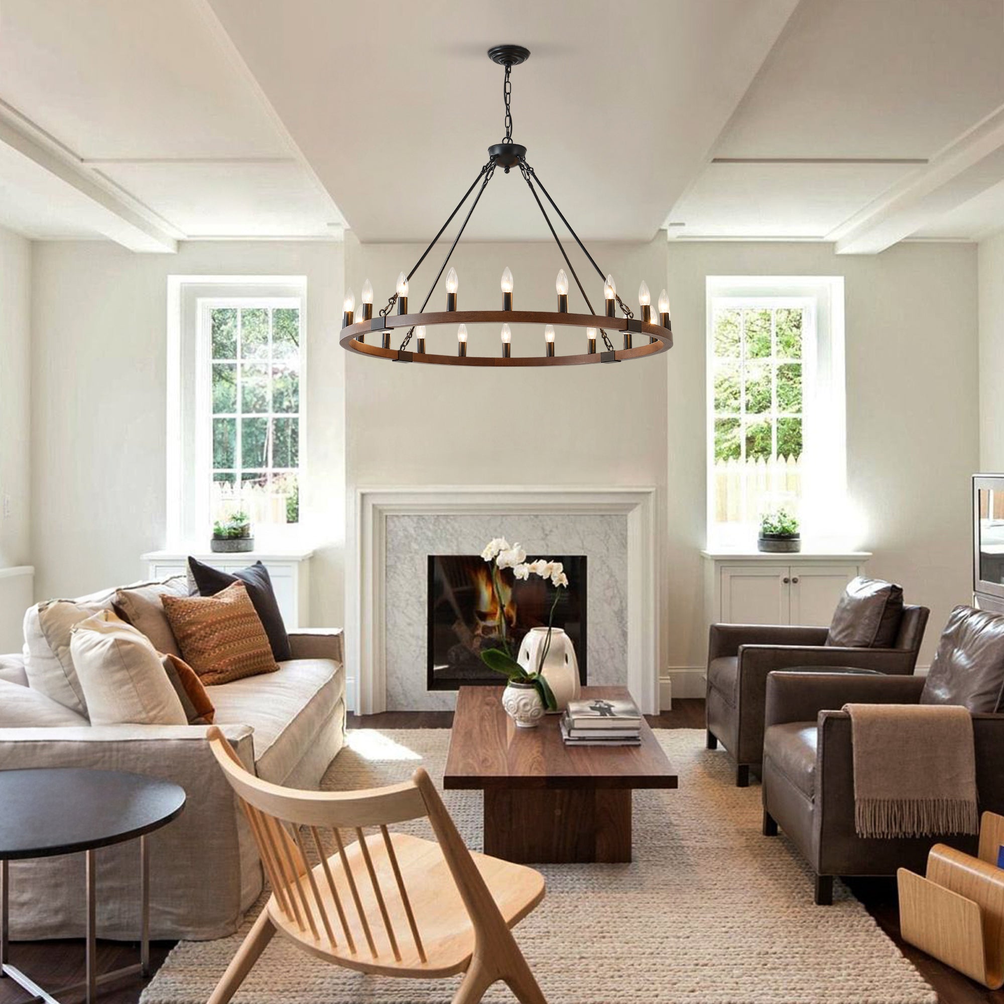 Chandelier Wood Wagon Wheel 20-Light Farmhouse Matte Black 39.3 In