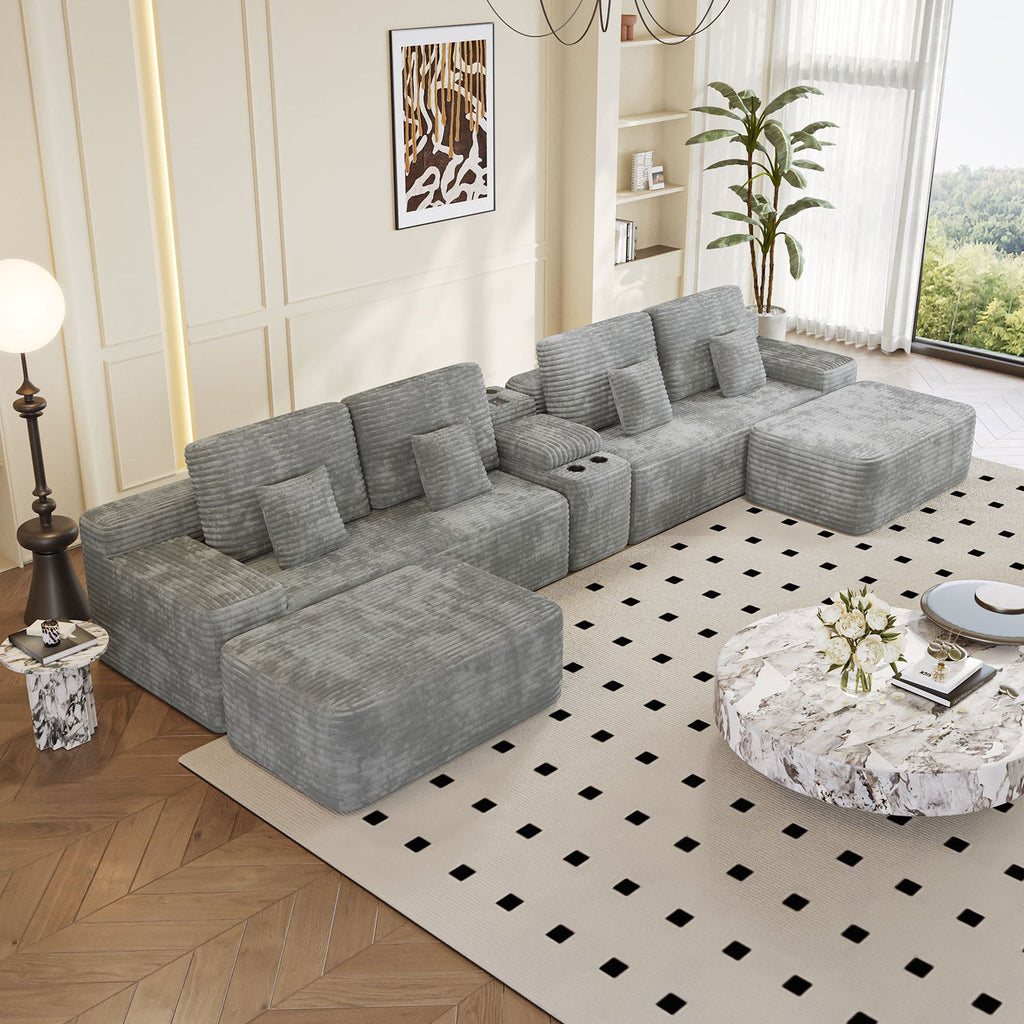 Sectional Sofa U-Shape Corduroy Light Gray 6 Seat USB Bluetooth 150 In