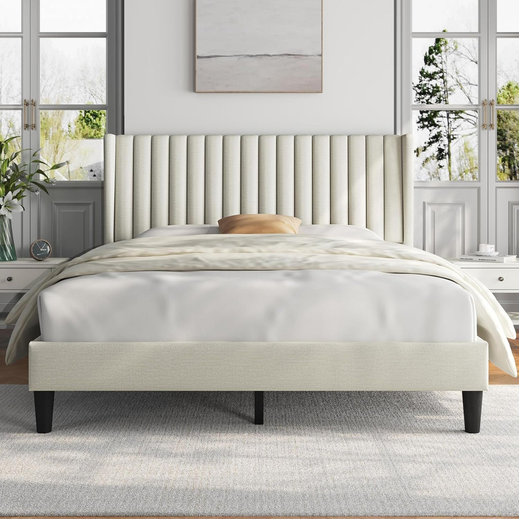Queen Upholstered Platform Bed With Beige Headboard
