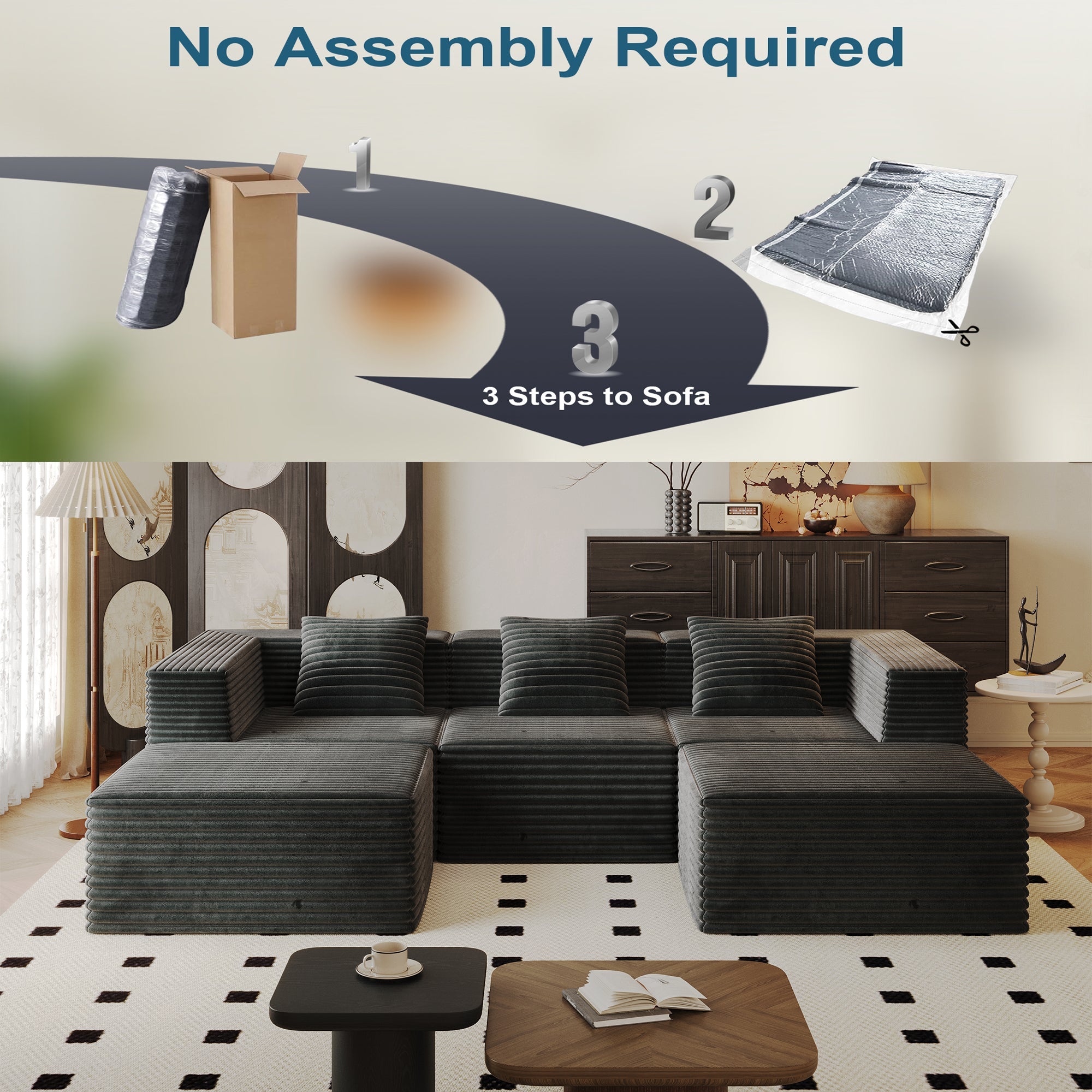 Sectional Sofa Modern Grey Modular Three Seater with Two Ottomans Deep Seat