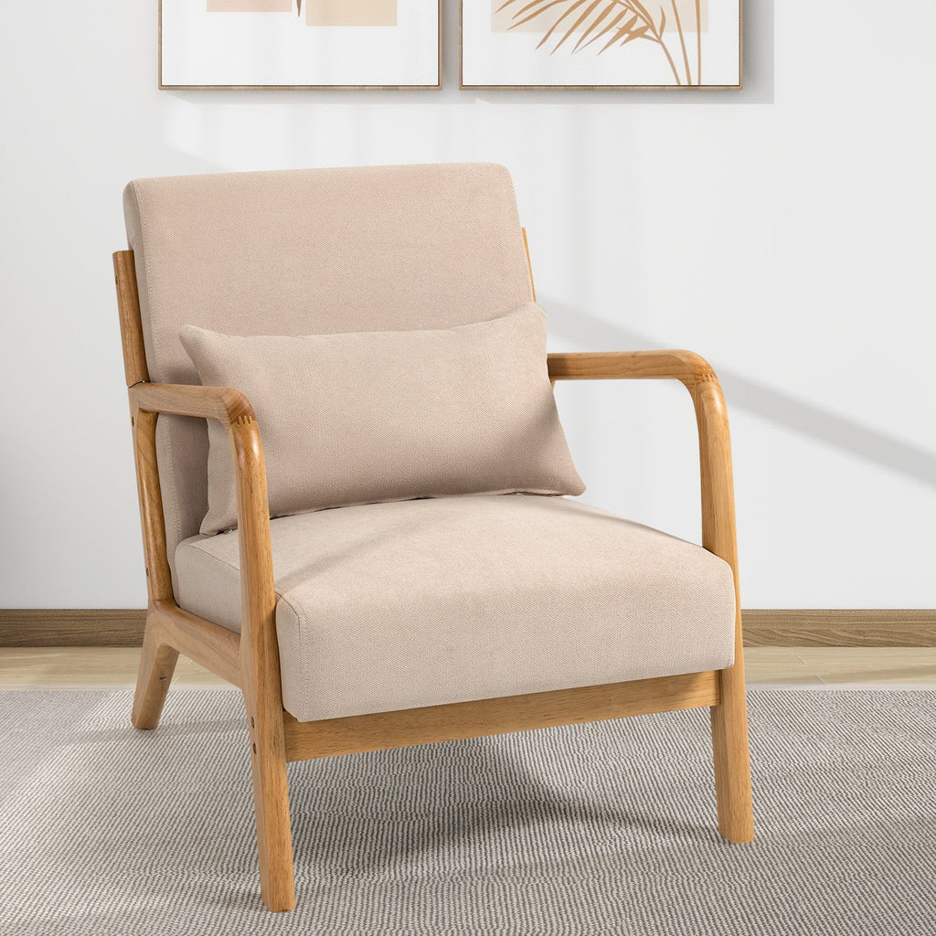 Accent Chair Mid Century Modern Beige Linen with Wood Armrest and Feet One Seat