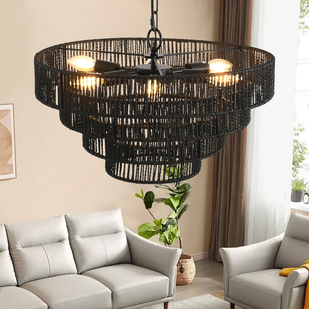 Chandelier 4-Tier Black Hemp Rope Pendant 6-Light Boho 20 In Dining
