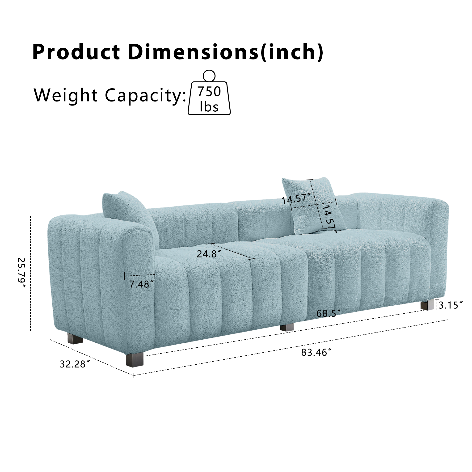 Sofa Modern Velvet Three Seater with Metal Base and Two Pillows