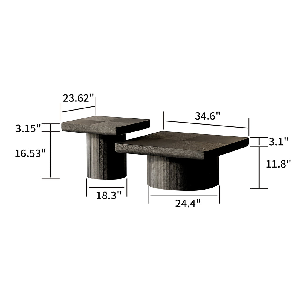 2-Piece Wood Nesting Coffee Tables, Fluted Pedestal, Living Room, Black