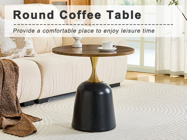 23.6 in Round Side Table, Metal Base, Walnut Wood Grain, Living Room Office